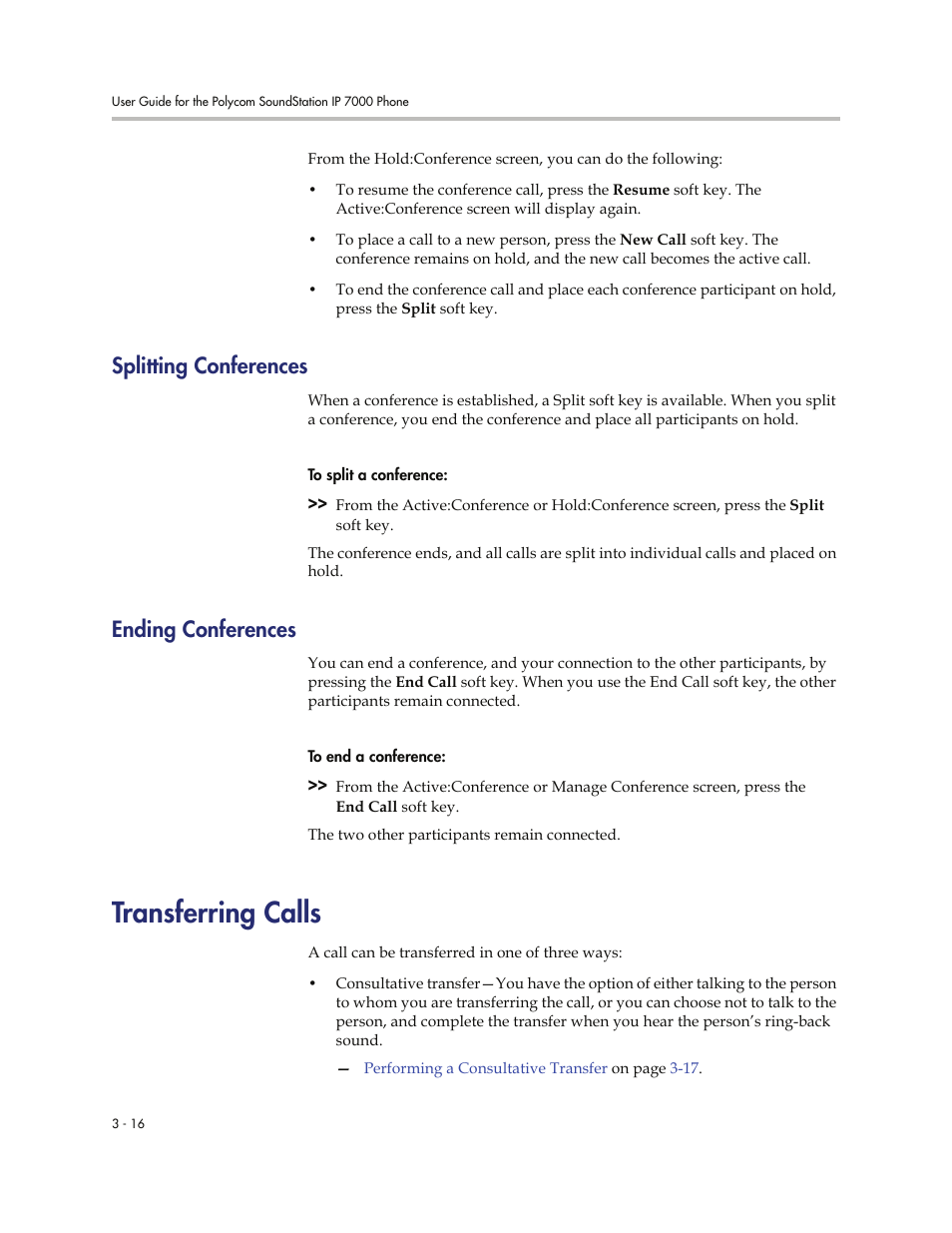 Splitting conferences, Ending conferences, Transferring calls | Splitting conferences -16 ending conferences -16, Transferring calls -16 | Polycom 7000 User Manual | Page 78 / 130