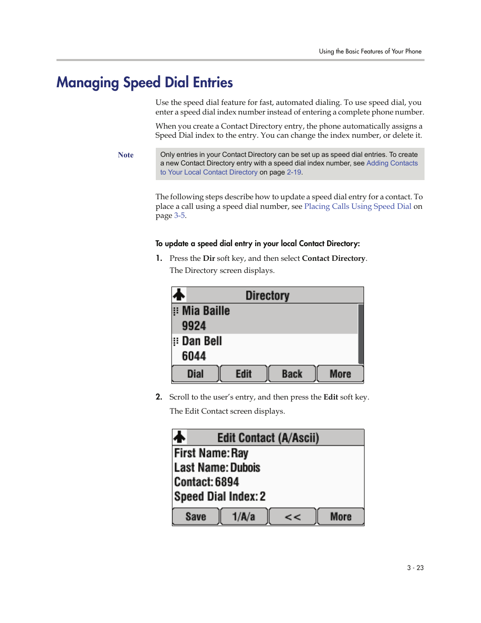 Managing speed dial entries, Managing speed dial entries -23, Managing | Speed dial entries, Contact directory, see | Polycom 7000 User Manual | Page 85 / 130