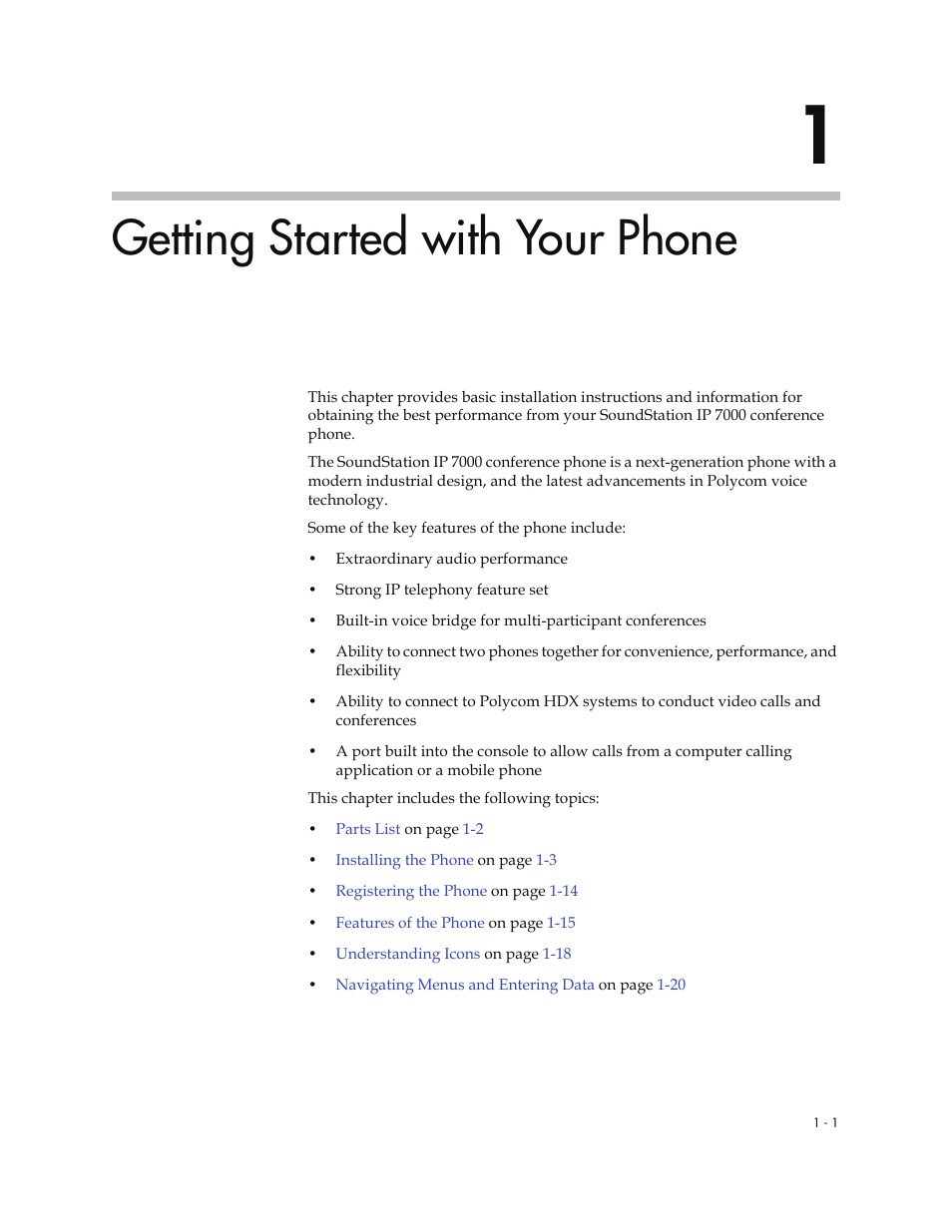 Getting started with your phone, 1 getting started with your phone -1 | Polycom 7000 User Manual | Page 9 / 130