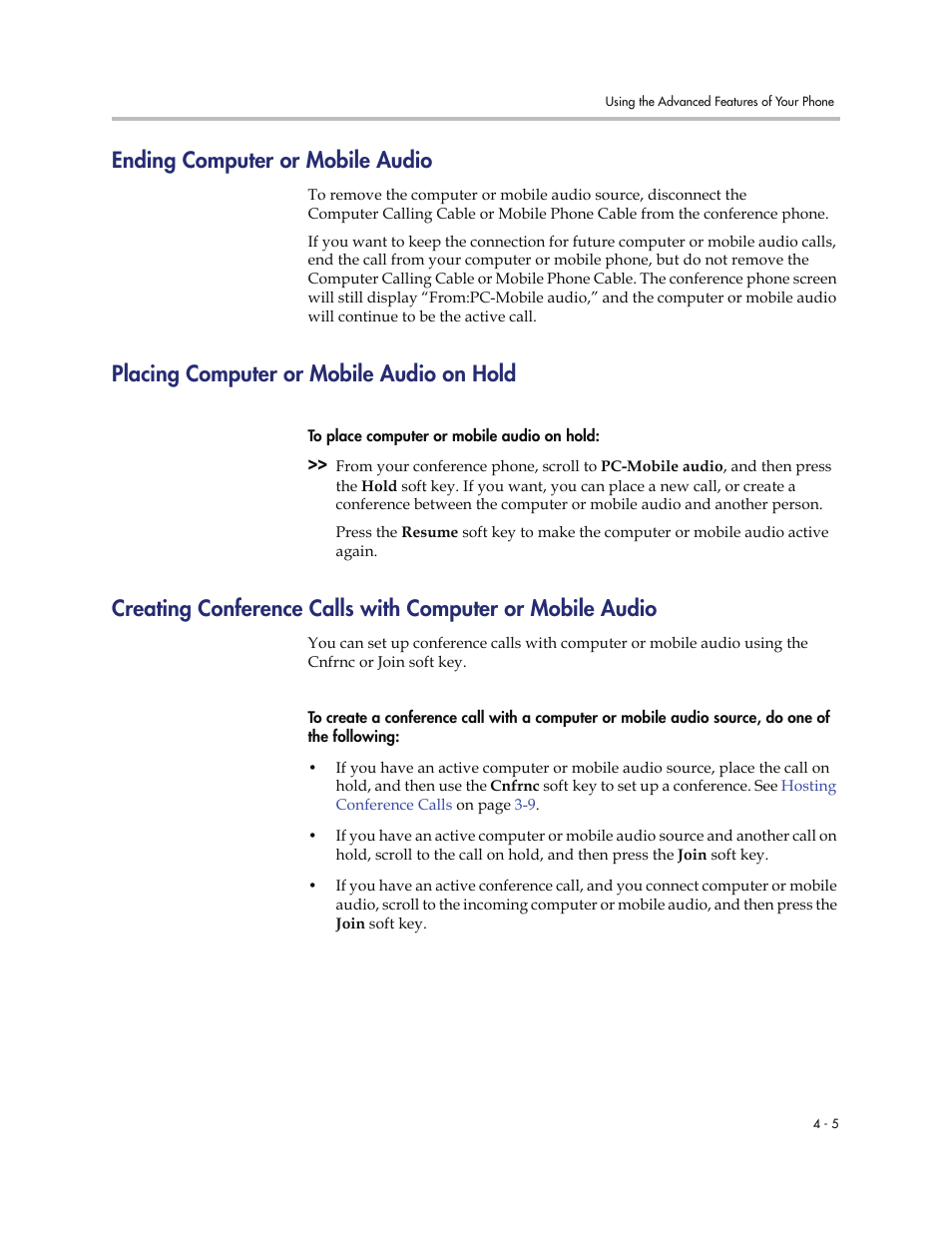 Ending computer or mobile audio, Placing computer or mobile audio on hold | Polycom 7000 User Manual | Page 91 / 130