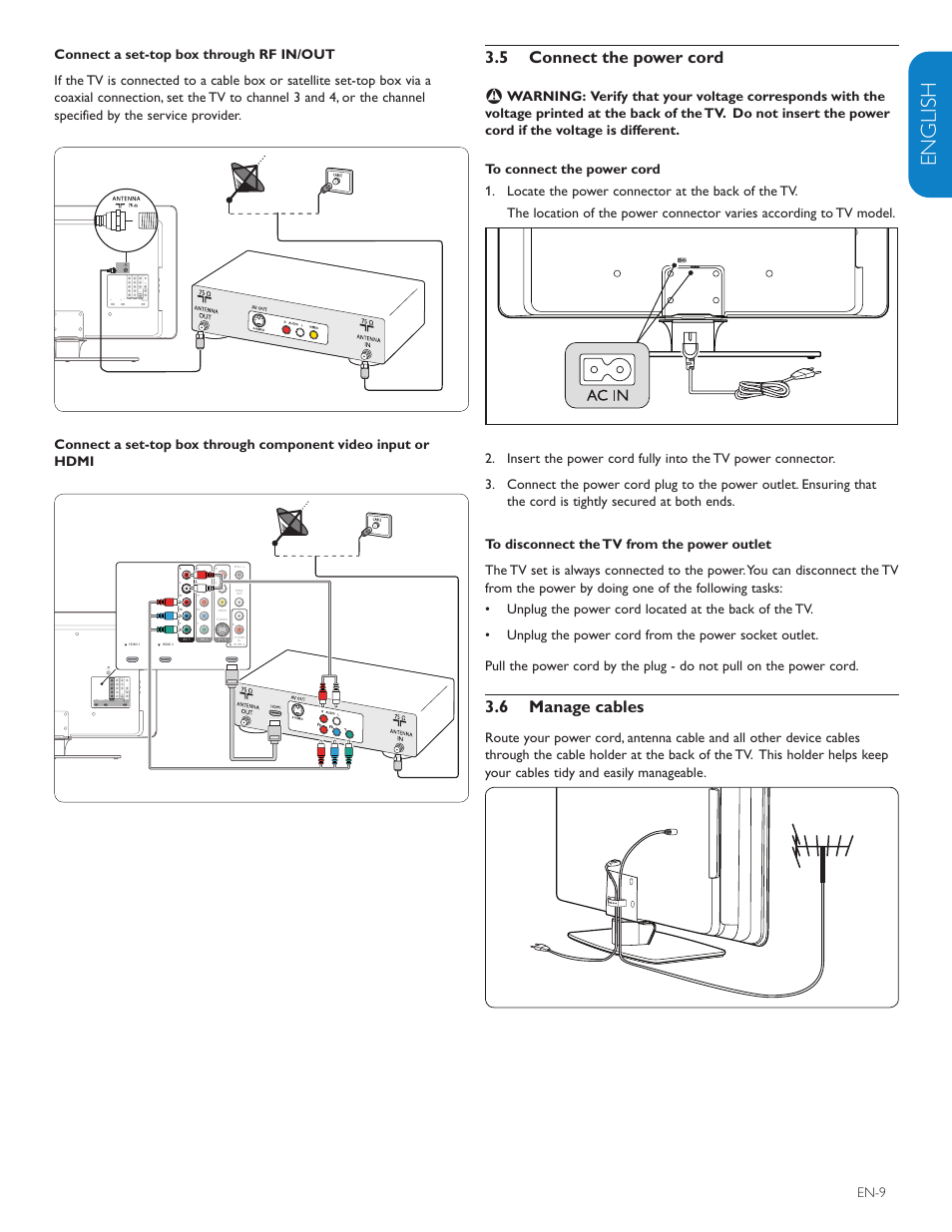 English française esp añol, 5 connect the power cord, 6 manage cables | En-9 | Polycom 52PFL7403D User Manual | Page 11 / 44