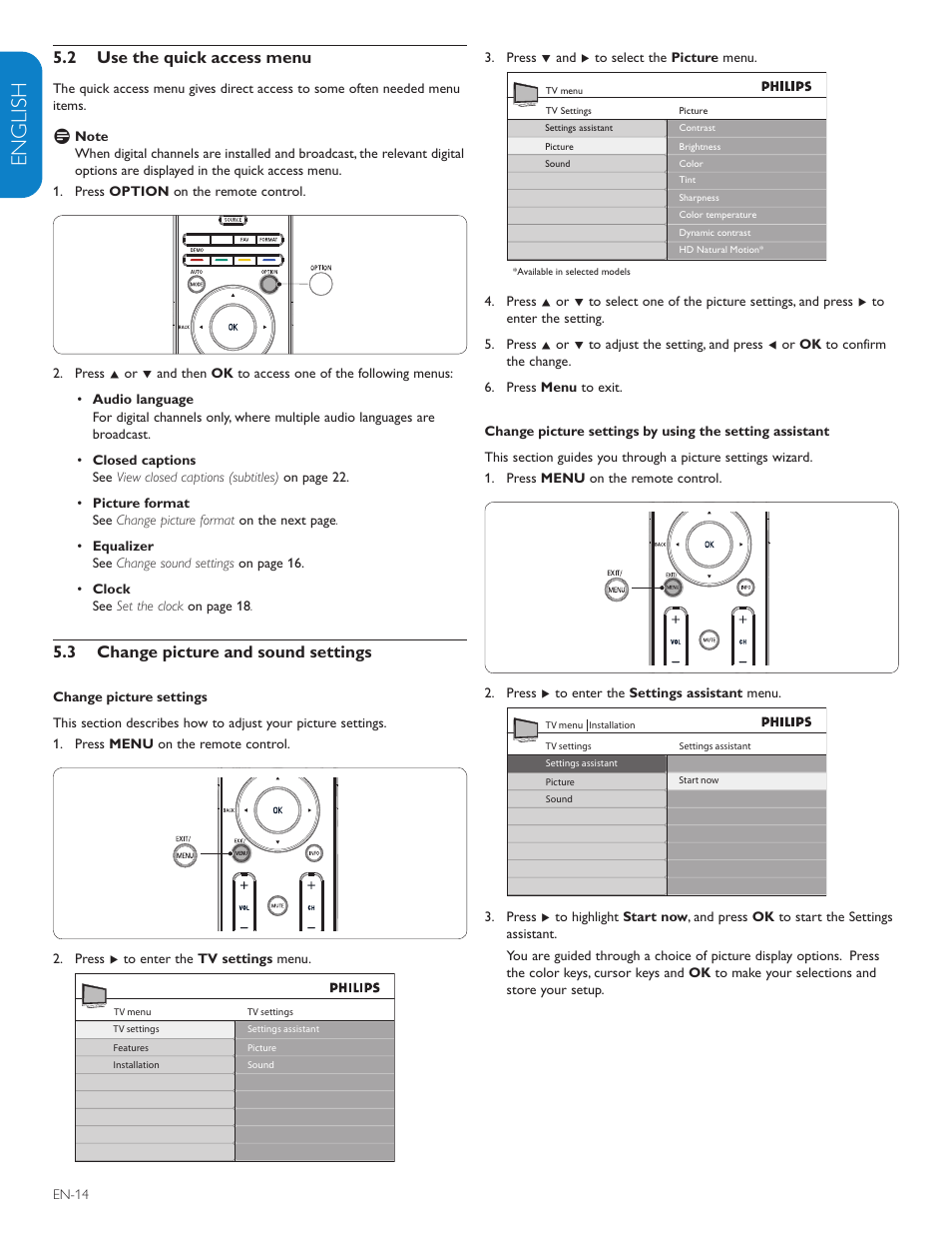 English française esp añol, 2 use the quick access menu, 3 change picture and sound settings | Polycom 52PFL7403D User Manual | Page 16 / 44