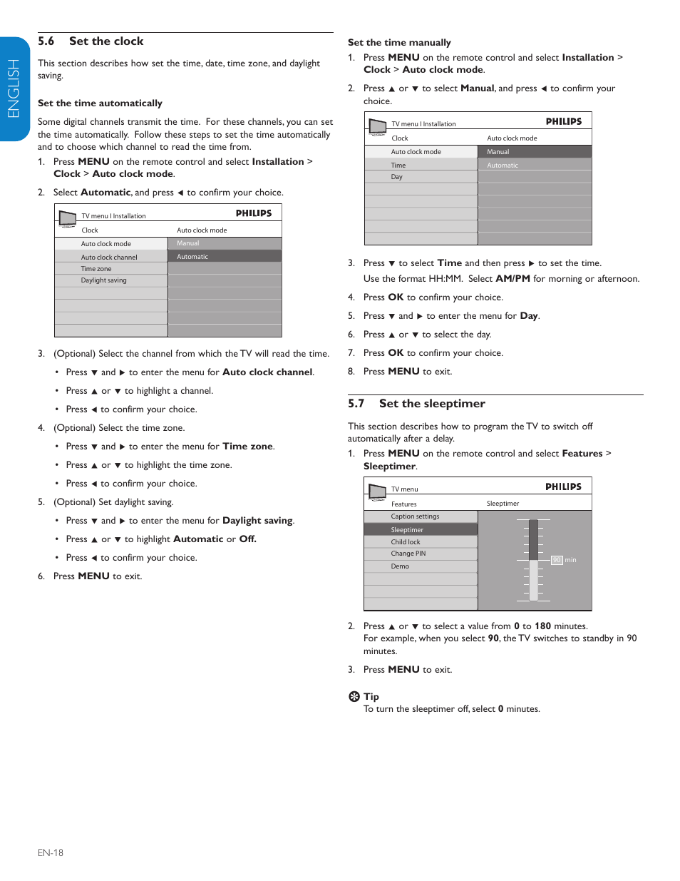 English française esp añol, 6 set the clock, Set the sleeptimer 5.7 | Polycom 52PFL7403D User Manual | Page 20 / 44