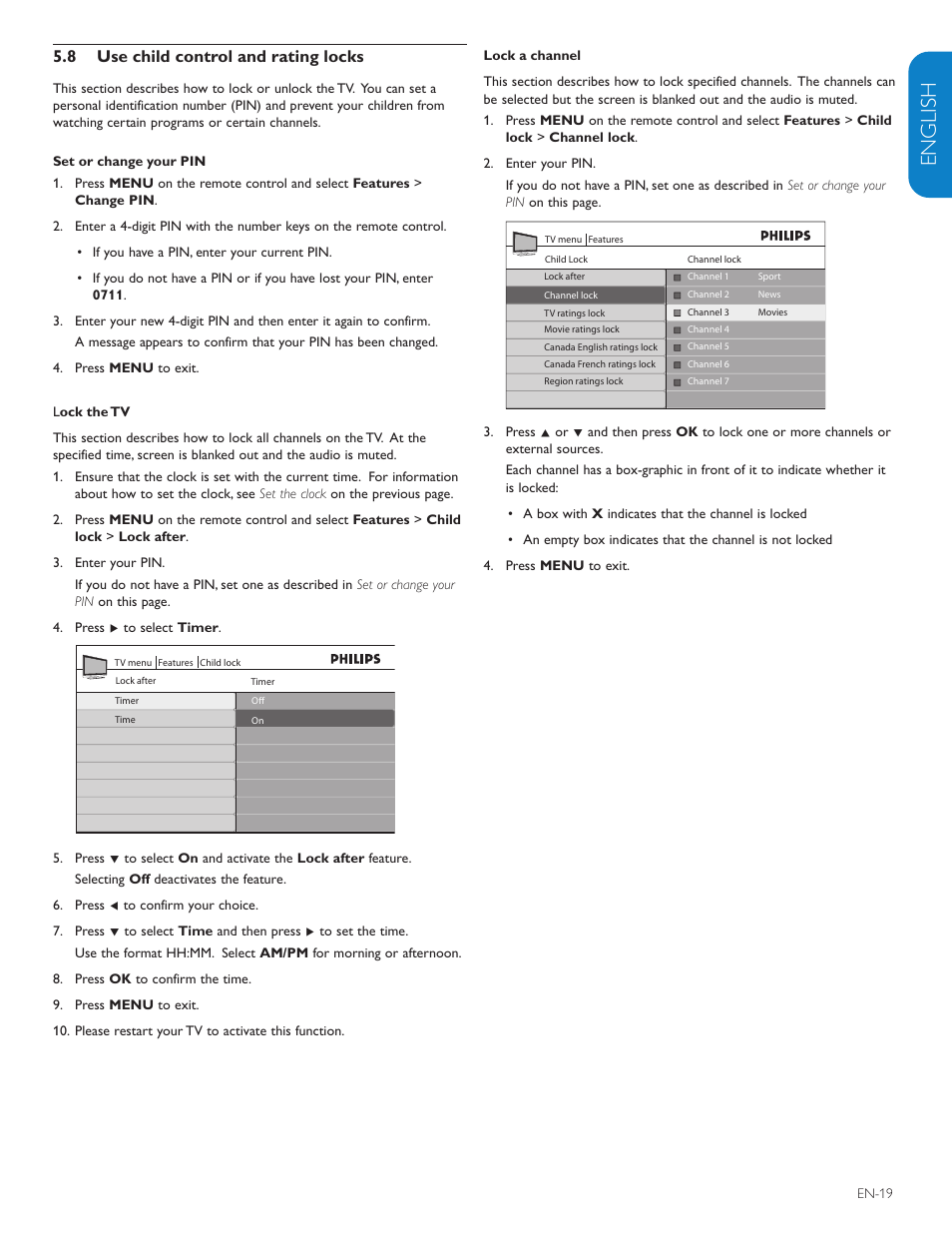 English française esp añol, Use child control and rating locks 5.8 | Polycom 52PFL7403D User Manual | Page 21 / 44