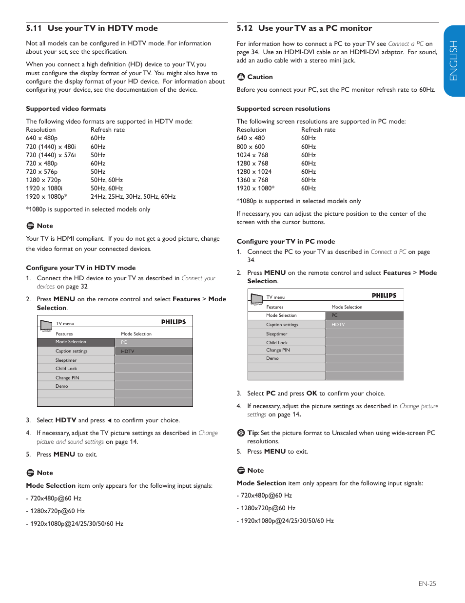 English française esp añol, 12 use your tv as a pc monitor, 11 use your tv in hdtv mode | Polycom 52PFL7403D User Manual | Page 27 / 44