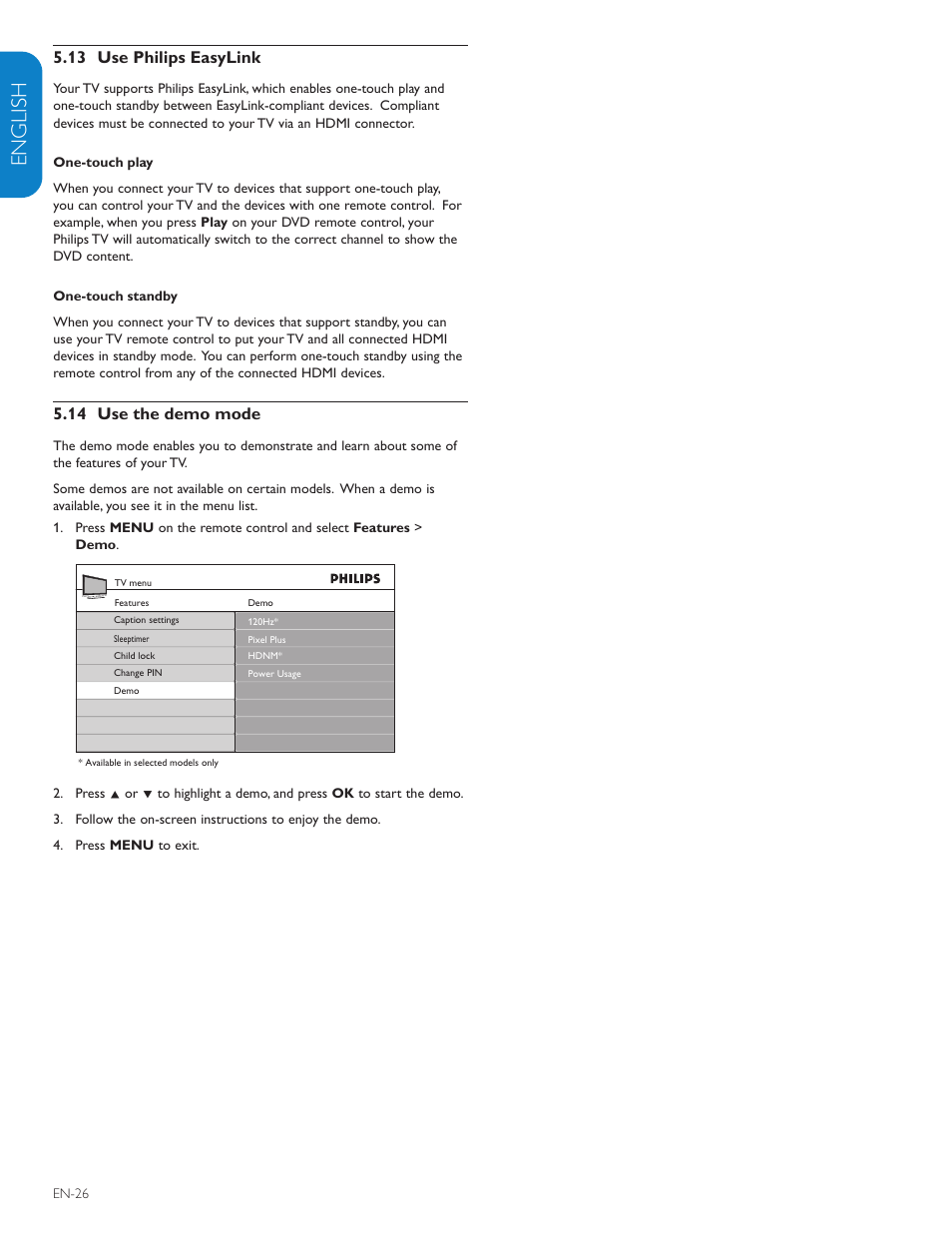 English française esp añol, 13 use philips easylink, 14 use the demo mode | Polycom 52PFL7403D User Manual | Page 28 / 44