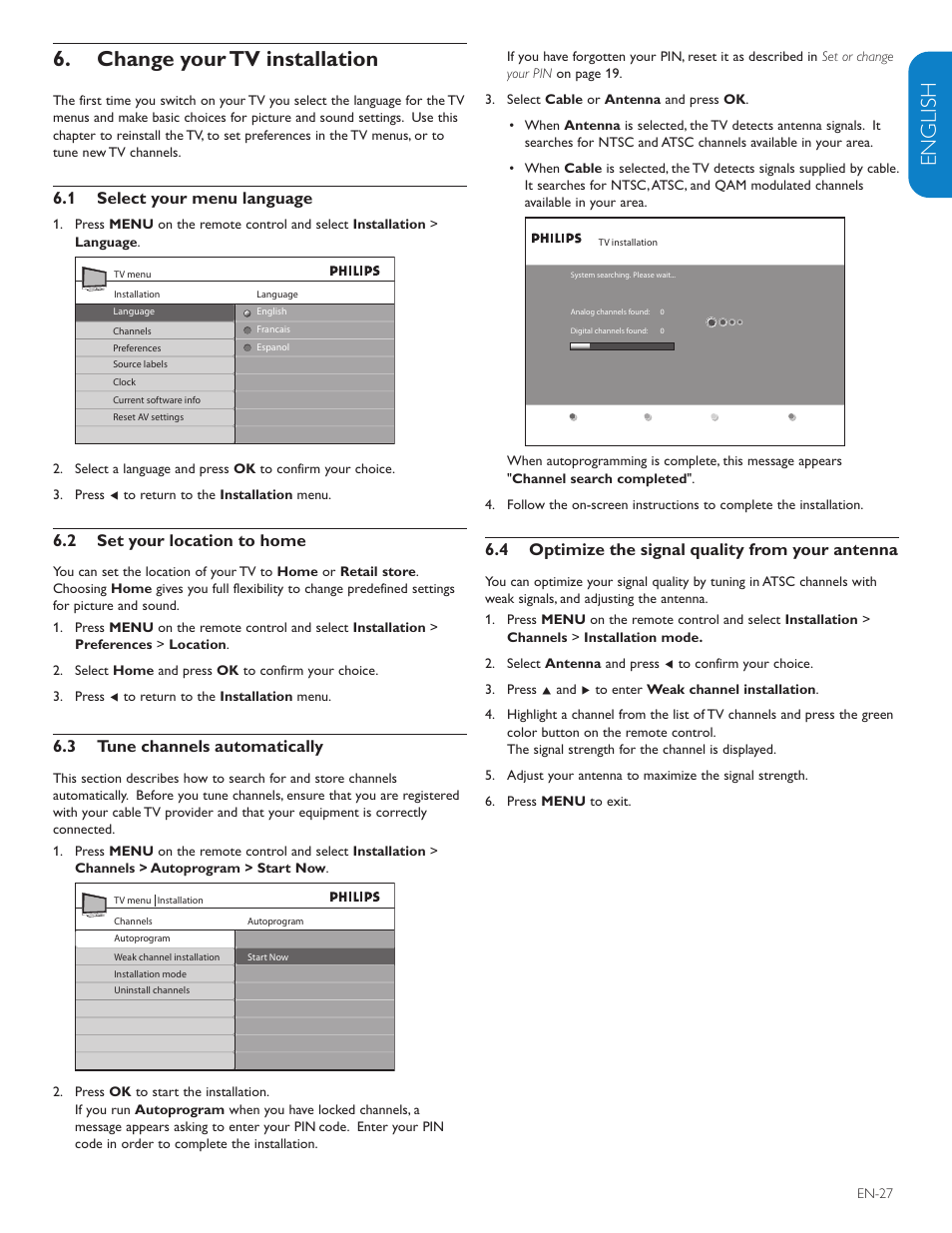 English française esp añol, Change your tv installation 6, 1 select your menu language | 2 set your location to home, 3 tune channels automatically, 4 optimize the signal quality from your antenna | Polycom 52PFL7403D User Manual | Page 29 / 44