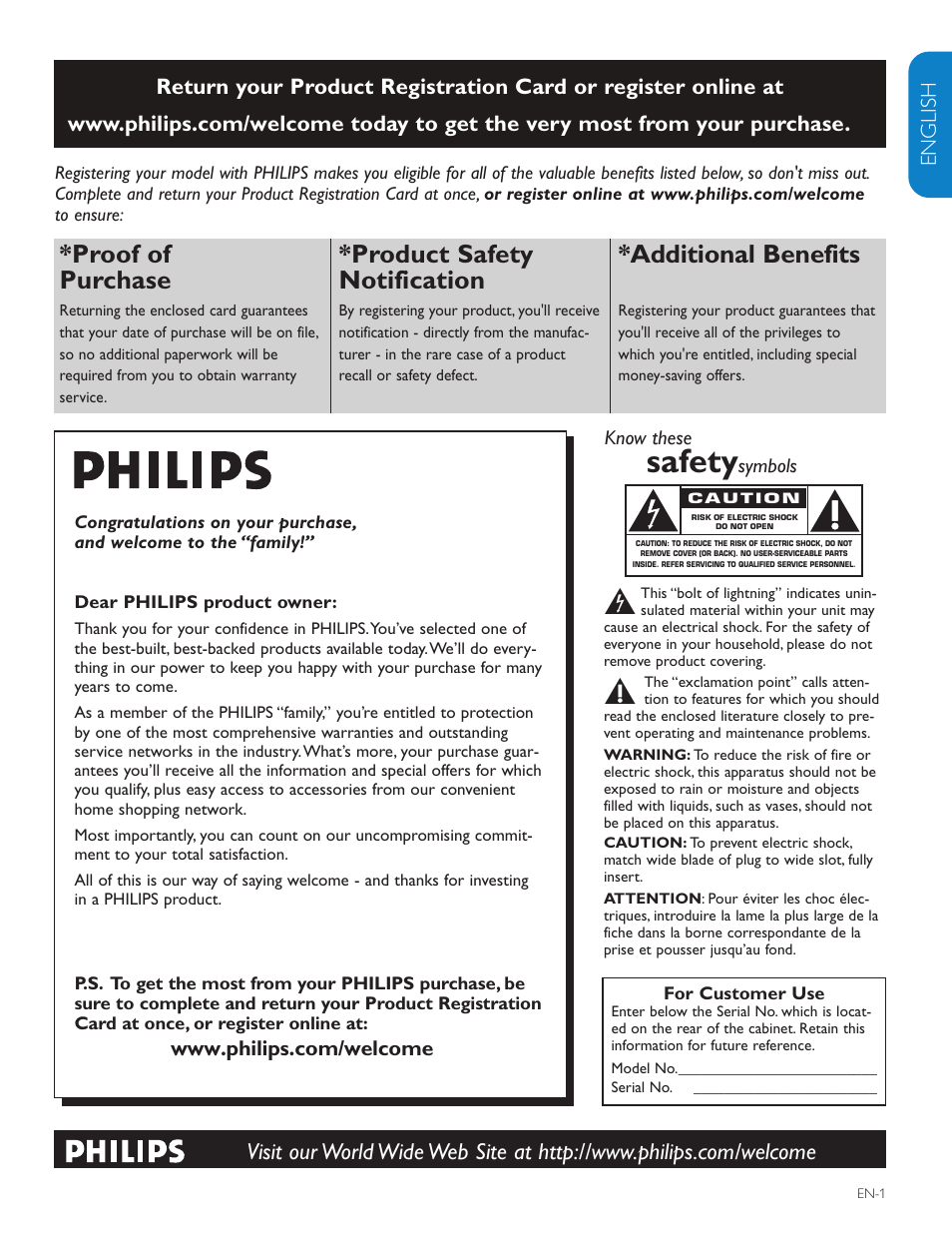 Safety, Proof of purchase, Product safety notification | Additional benefits | Polycom 52PFL7403D User Manual | Page 3 / 44