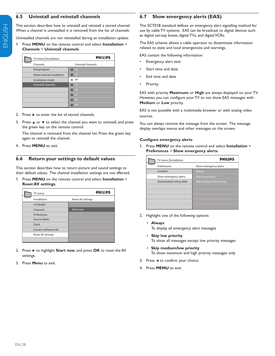 English française esp añol, Uninstall and reinstall channels 6.5, 6 return your settings to default values | Show emergency alerts (eas) 6.7 | Polycom 52PFL7403D User Manual | Page 30 / 44