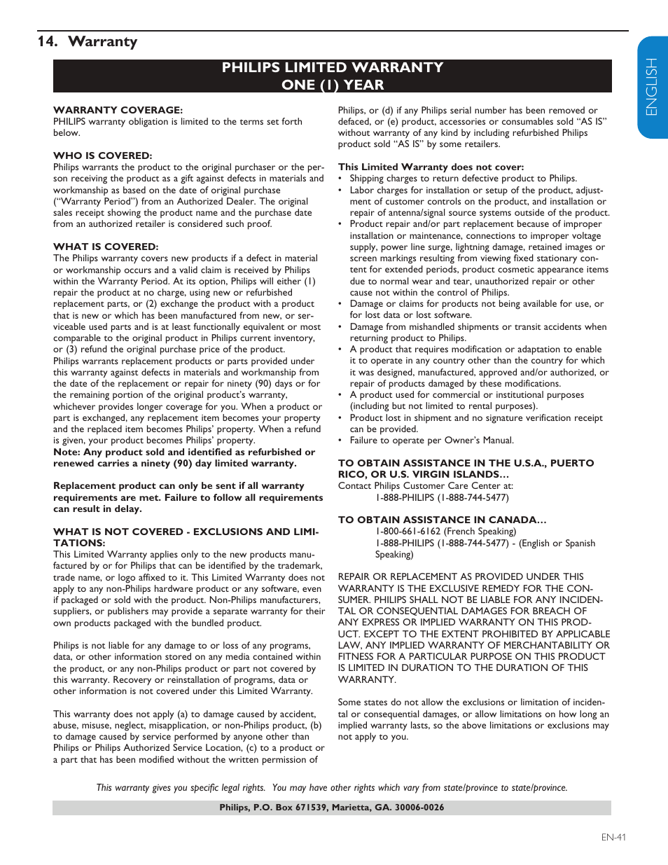 English française esp añol, Warranty 14, Philips limited warranty one (1) year | Polycom 52PFL7403D User Manual | Page 43 / 44