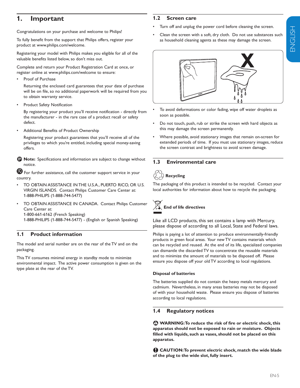 English française esp añol, Important 1 | Polycom 52PFL7403D User Manual | Page 7 / 44