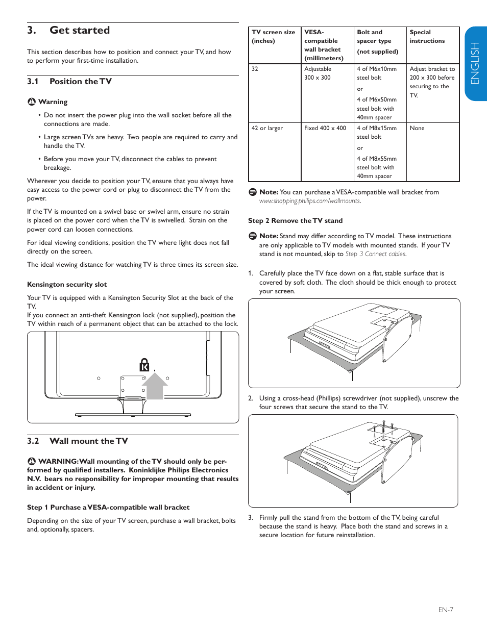 English française esp añol, Get started 3 | Polycom 52PFL7403D User Manual | Page 9 / 44