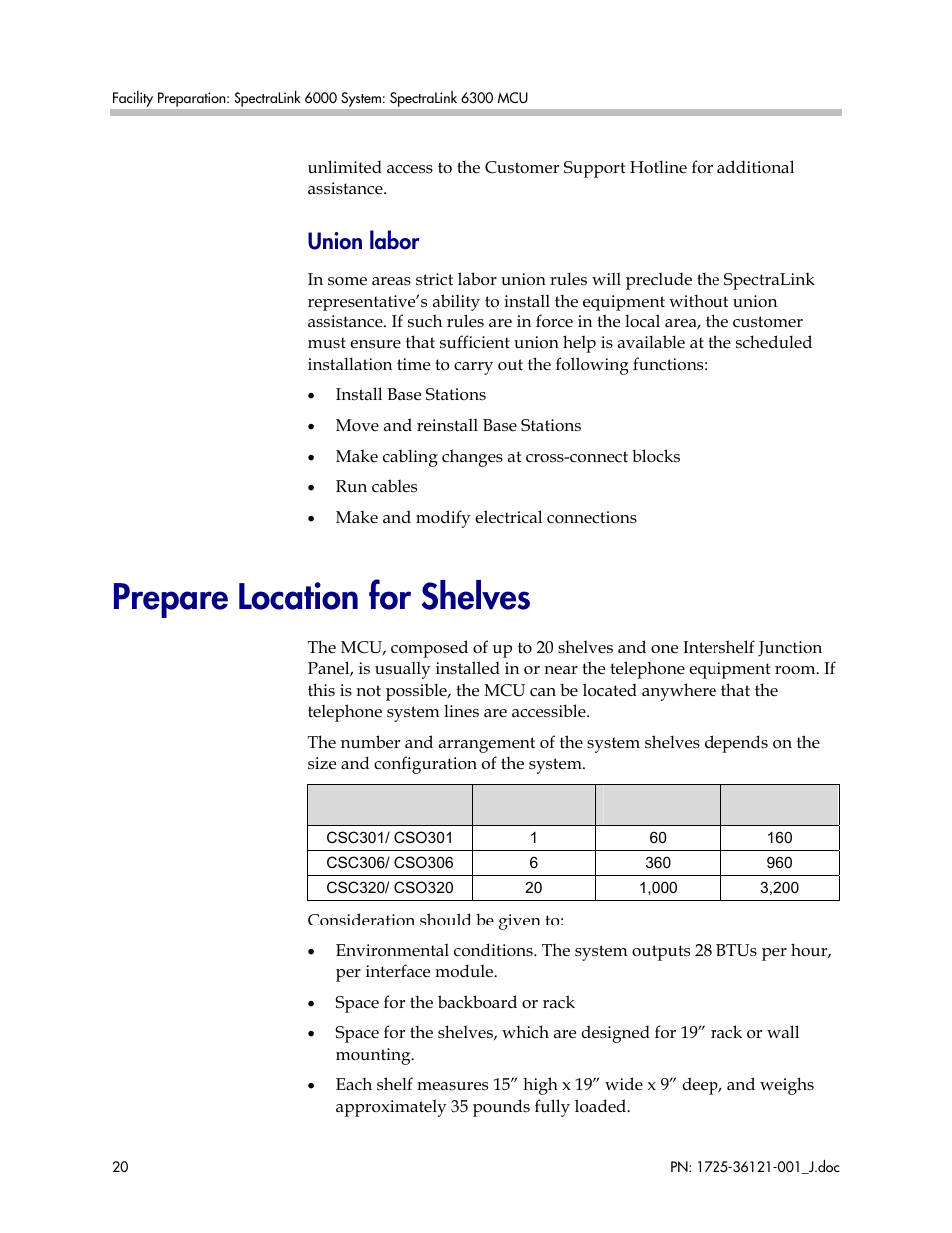 Prepare location for shelves, Union labor | Polycom SpectraLink 6300 MCU User Manual | Page 20 / 50