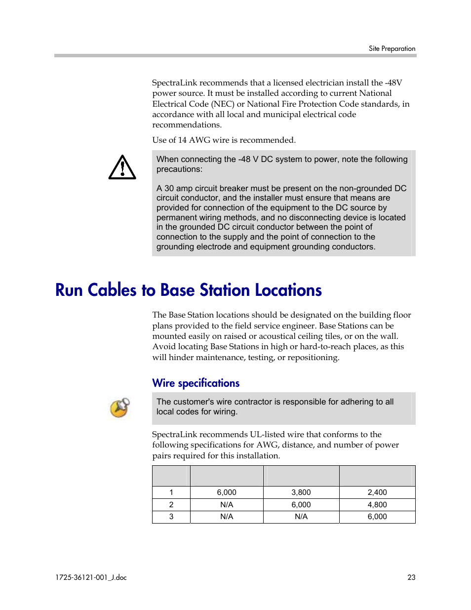 Run cables to base station locations, Wire specifications | Polycom SpectraLink 6300 MCU User Manual | Page 23 / 50