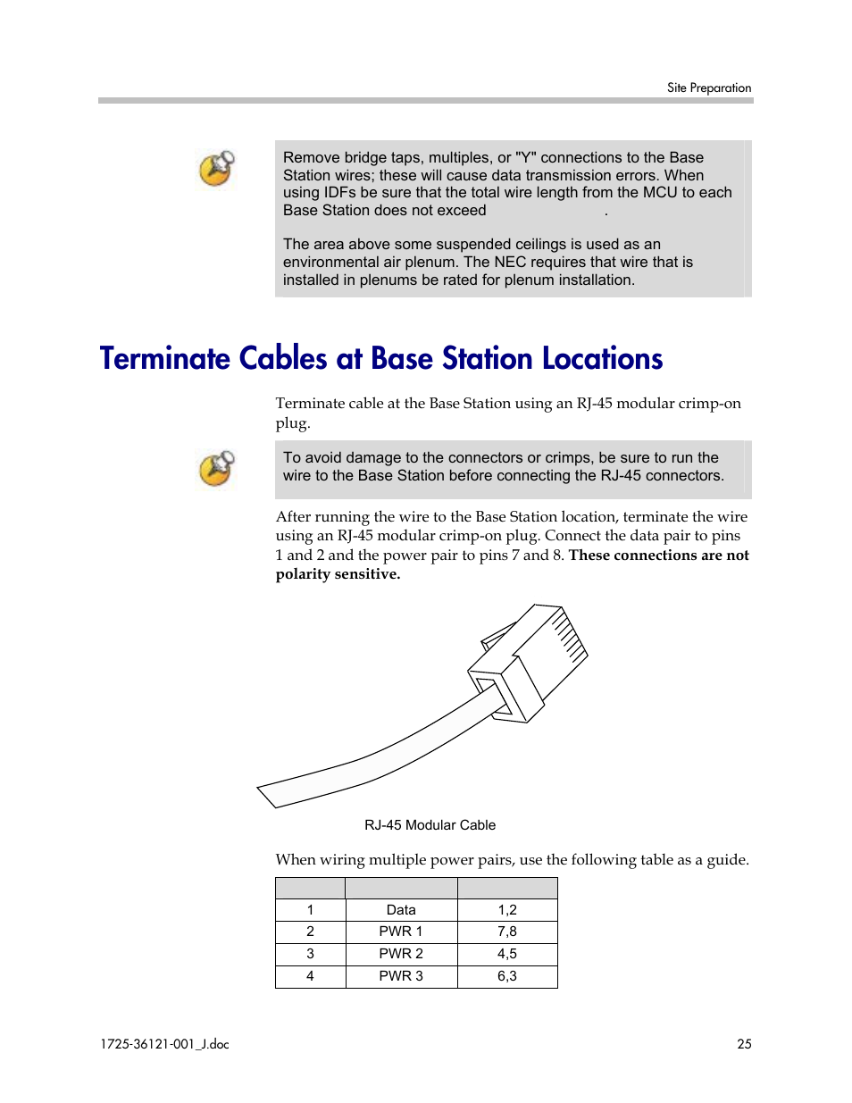 Terminate cables at base station locations, Section terminate cables at base station locations | Polycom SpectraLink 6300 MCU User Manual | Page 25 / 50