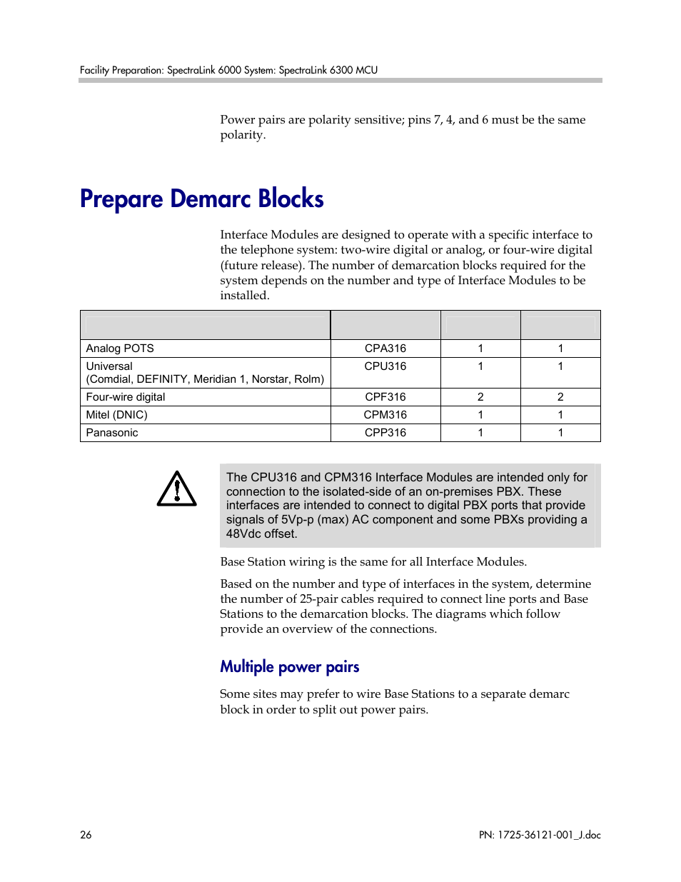 Prepare demarc blocks, Multiple power pairs | Polycom SpectraLink 6300 MCU User Manual | Page 26 / 50