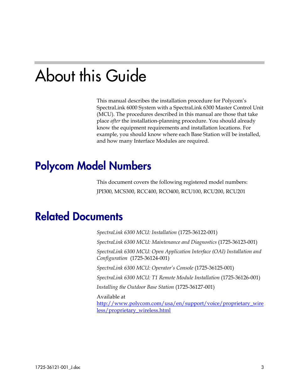 About this guide, Polycom model numbers, Related documents | Polycom SpectraLink 6300 MCU User Manual | Page 3 / 50