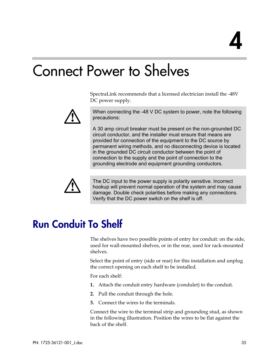 Connect power to shelves, Run conduit to shelf | Polycom SpectraLink 6300 MCU User Manual | Page 35 / 50