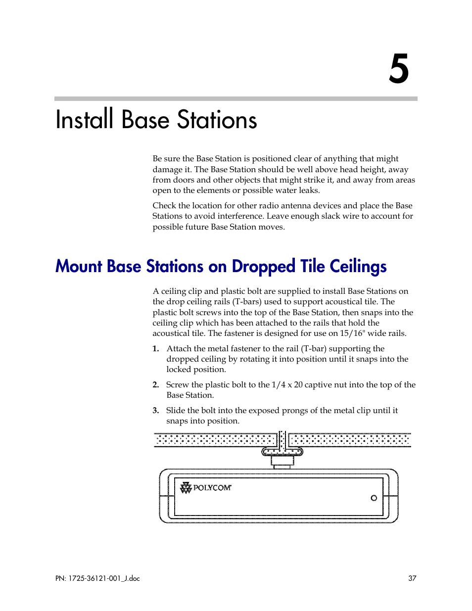 Install base stations, Mount base stations on dropped tile ceilings | Polycom SpectraLink 6300 MCU User Manual | Page 37 / 50