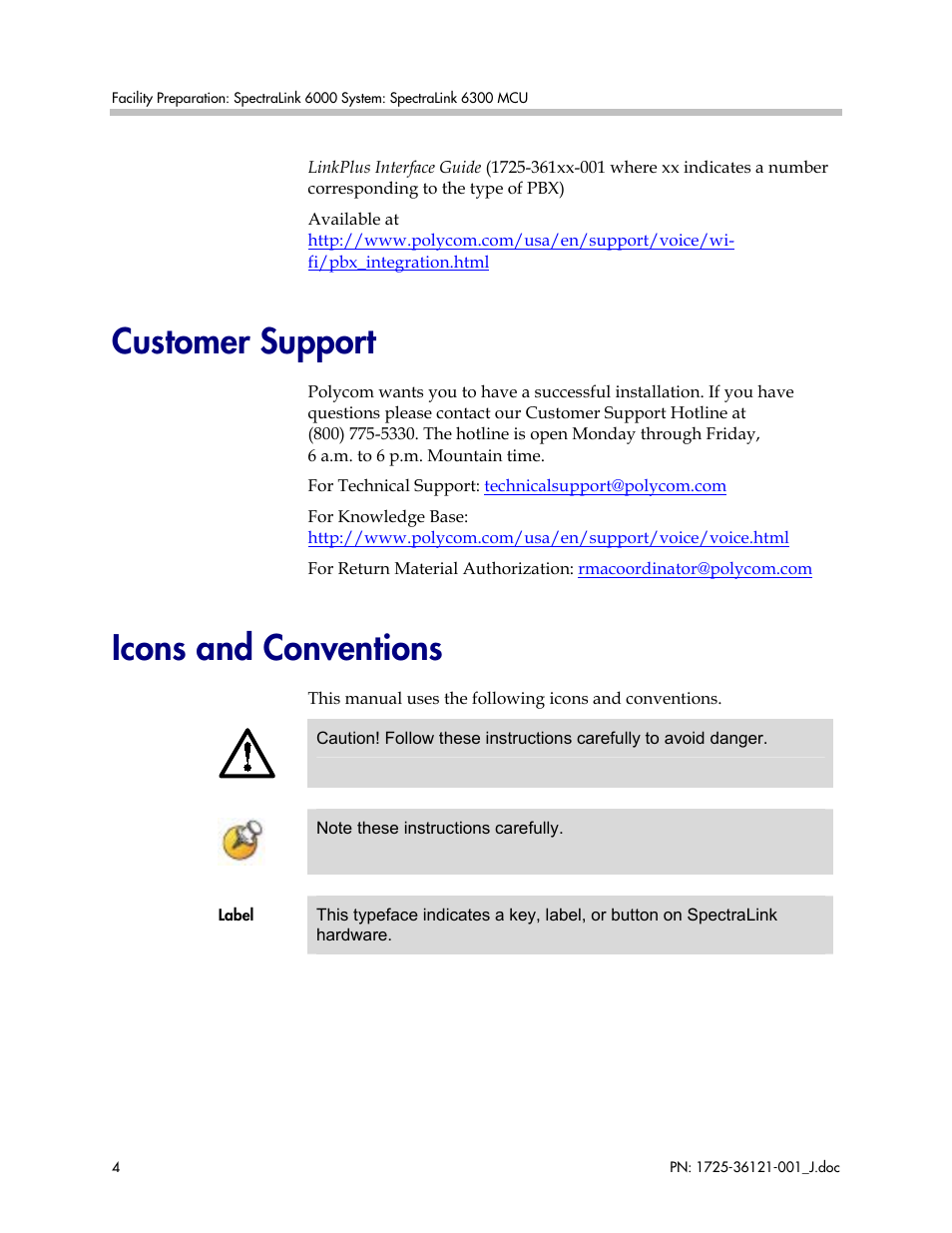 Customer support, Icons and conventions | Polycom SpectraLink 6300 MCU User Manual | Page 4 / 50