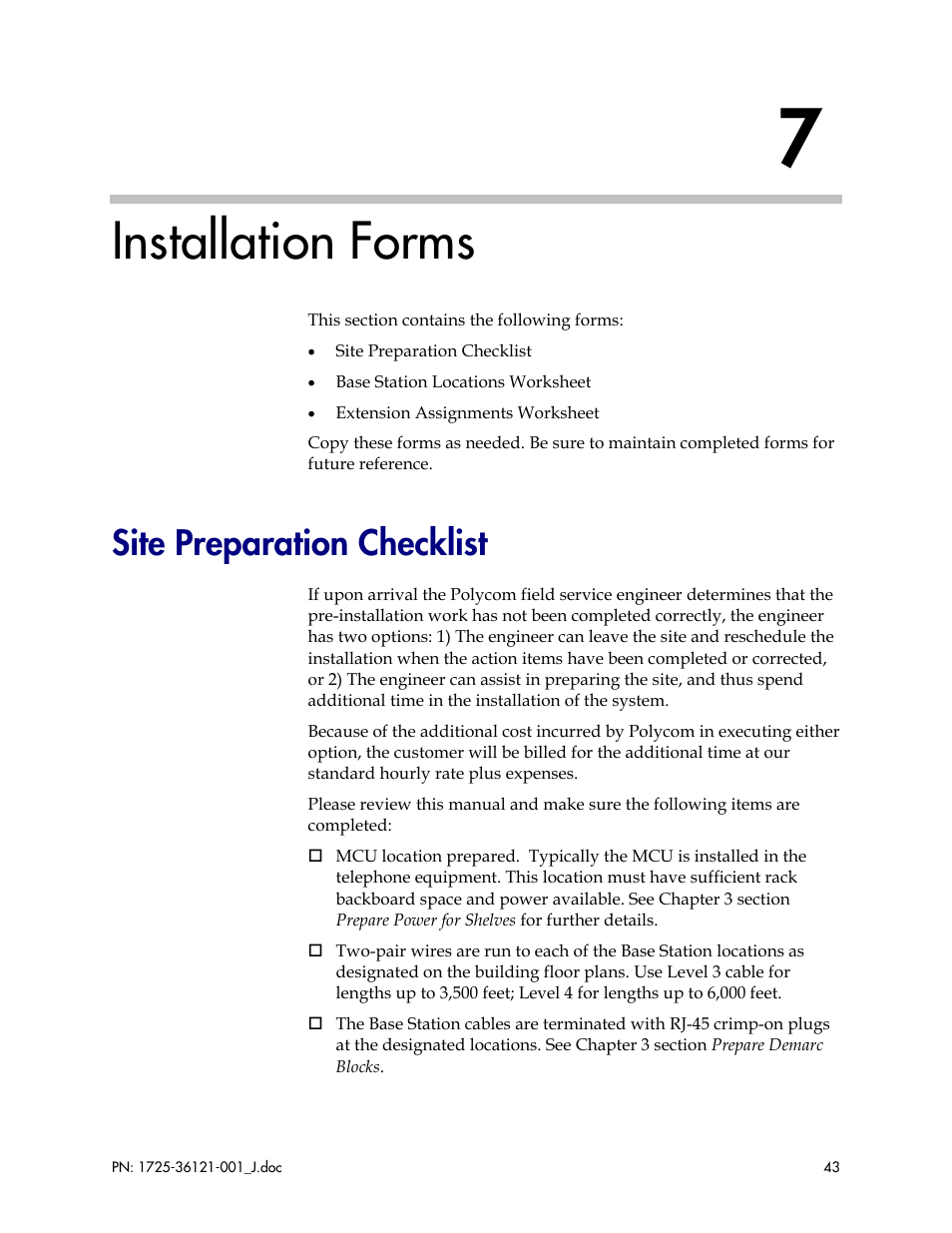 Installation forms, Site preparation checklist | Polycom SpectraLink 6300 MCU User Manual | Page 43 / 50