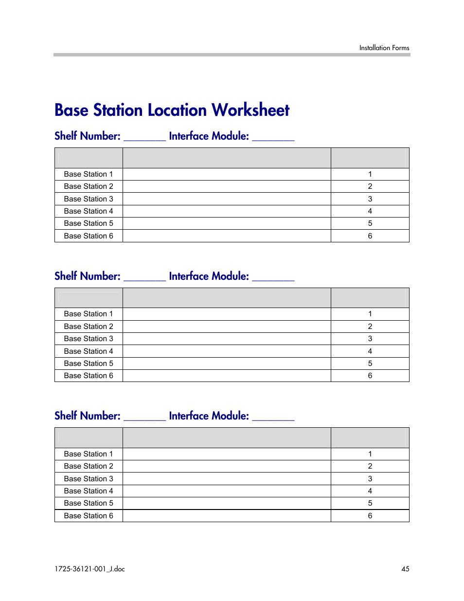 Base station location worksheet, Shelf number: ________ interface module | Polycom SpectraLink 6300 MCU User Manual | Page 45 / 50