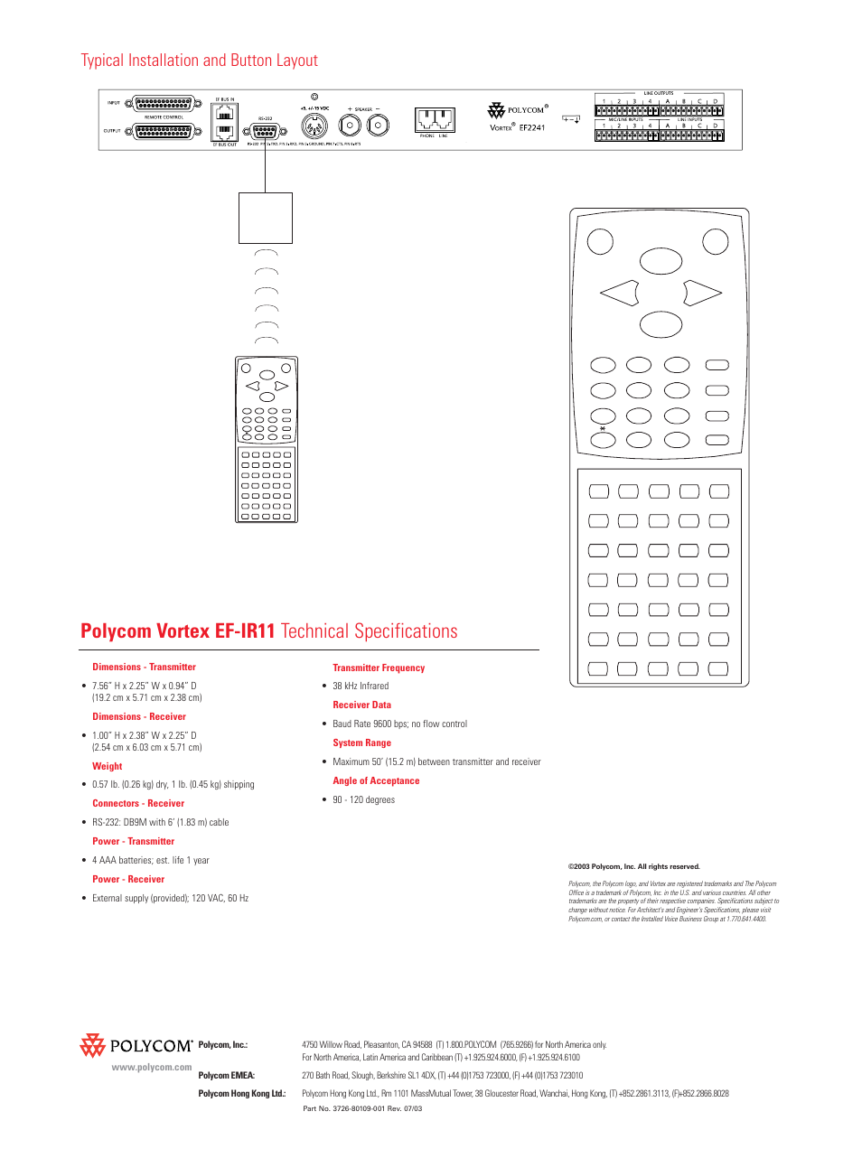 Polycom vortex ef-ir11 technical specifications, Typical installation and button layout | Polycom Vortex EF-IR11 User Manual | Page 2 / 2