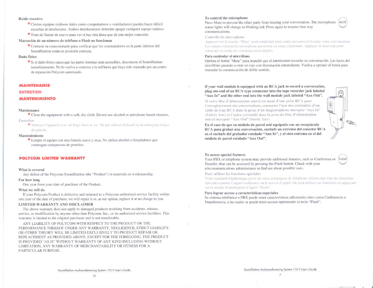 Maintenahce entretien mantenimiento, Polycom limited warranty | Polycom SoundStation 110 V User Manual | Page 12 / 20