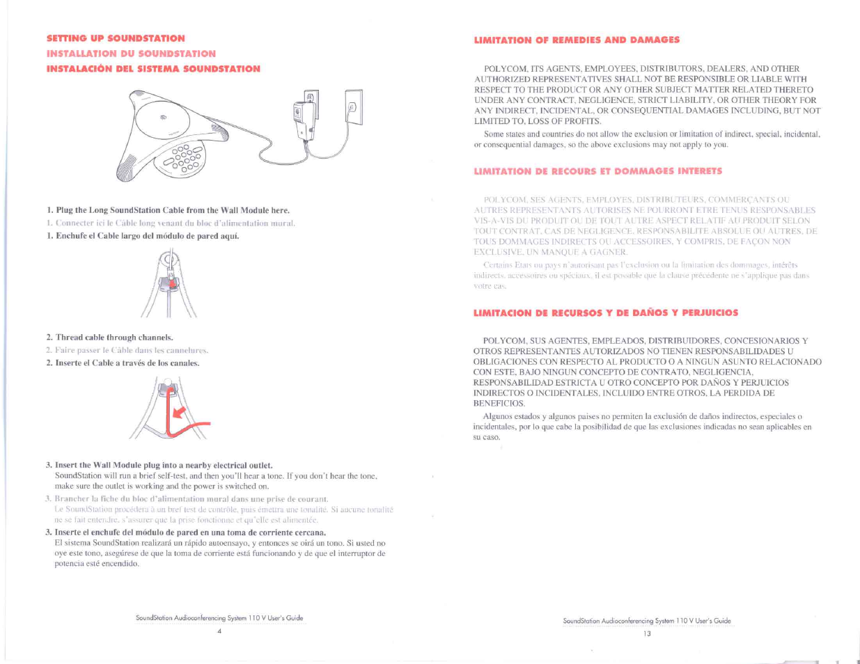 Limitation of remedies and damages, Limitation de recours et dommages interets, Limitacion de recursos y de daños y perjuicios | Polycom SoundStation 110 V User Manual | Page 15 / 20