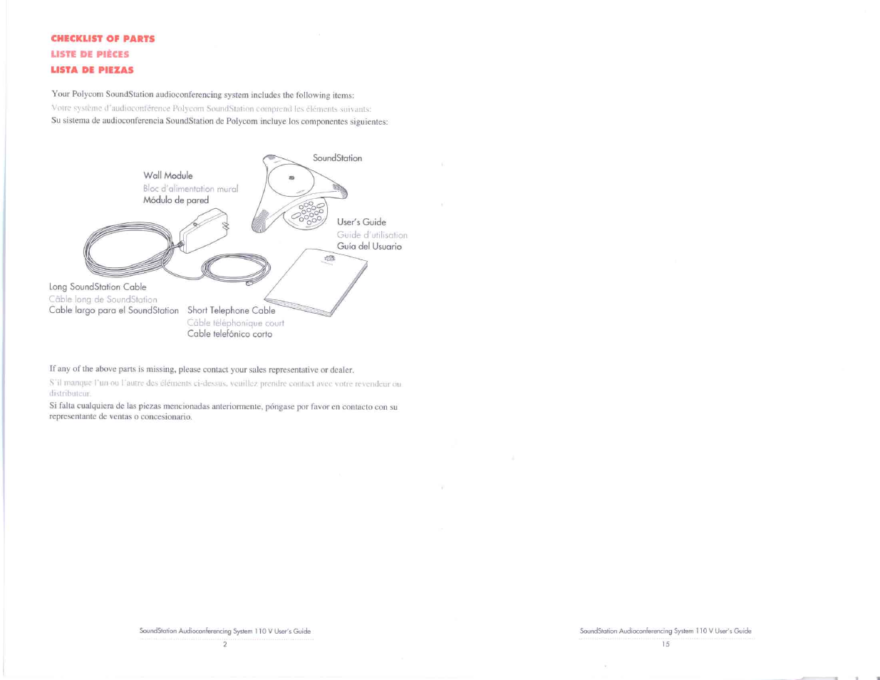 Checklist of parts liste de pièces lista de piezas | Polycom SoundStation 110 V User Manual | Page 4 / 20