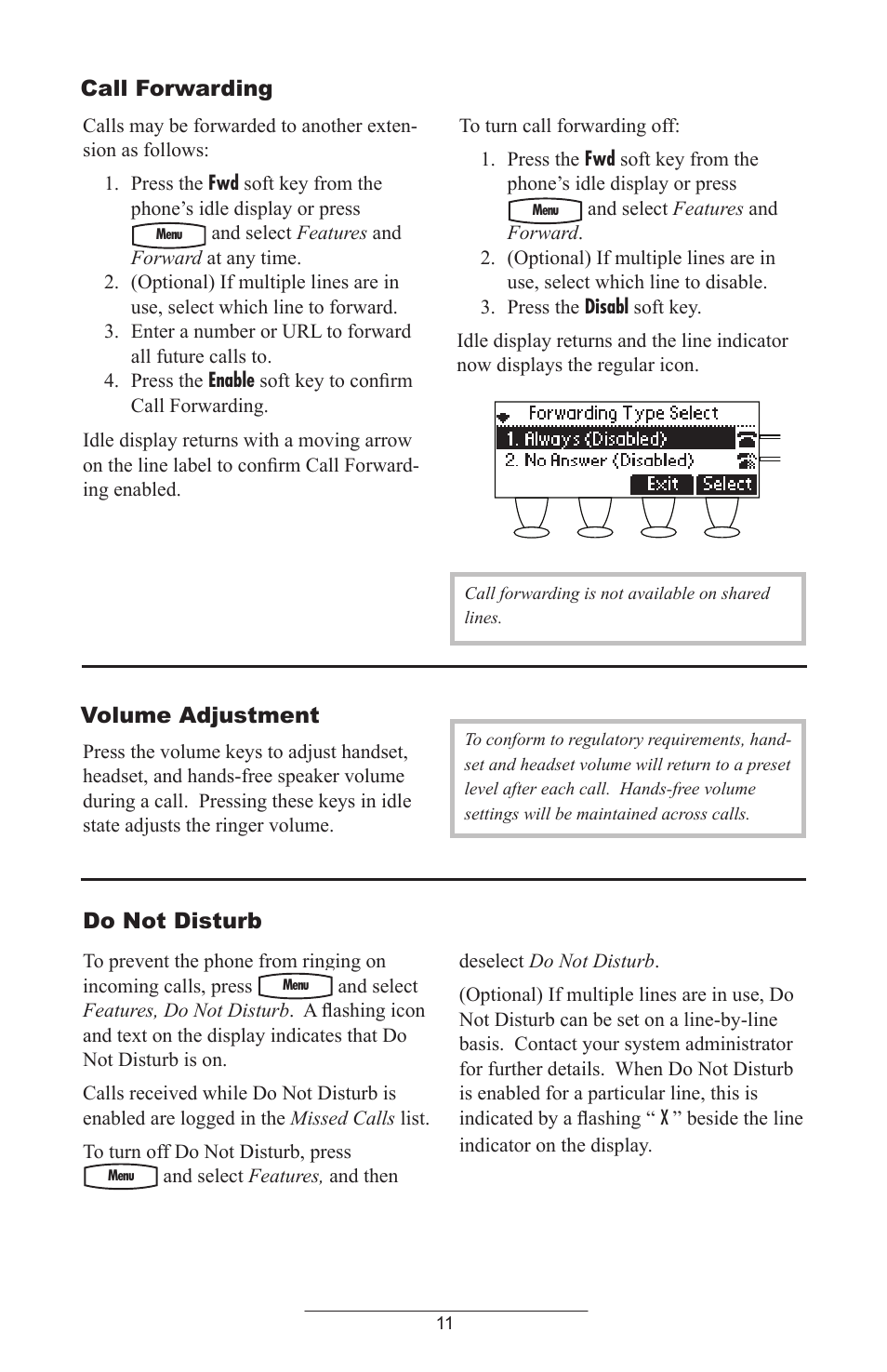 Volume adjustment, Do not disturb, Call forwarding | Polycom IP 430 User Manual | Page 14 / 31