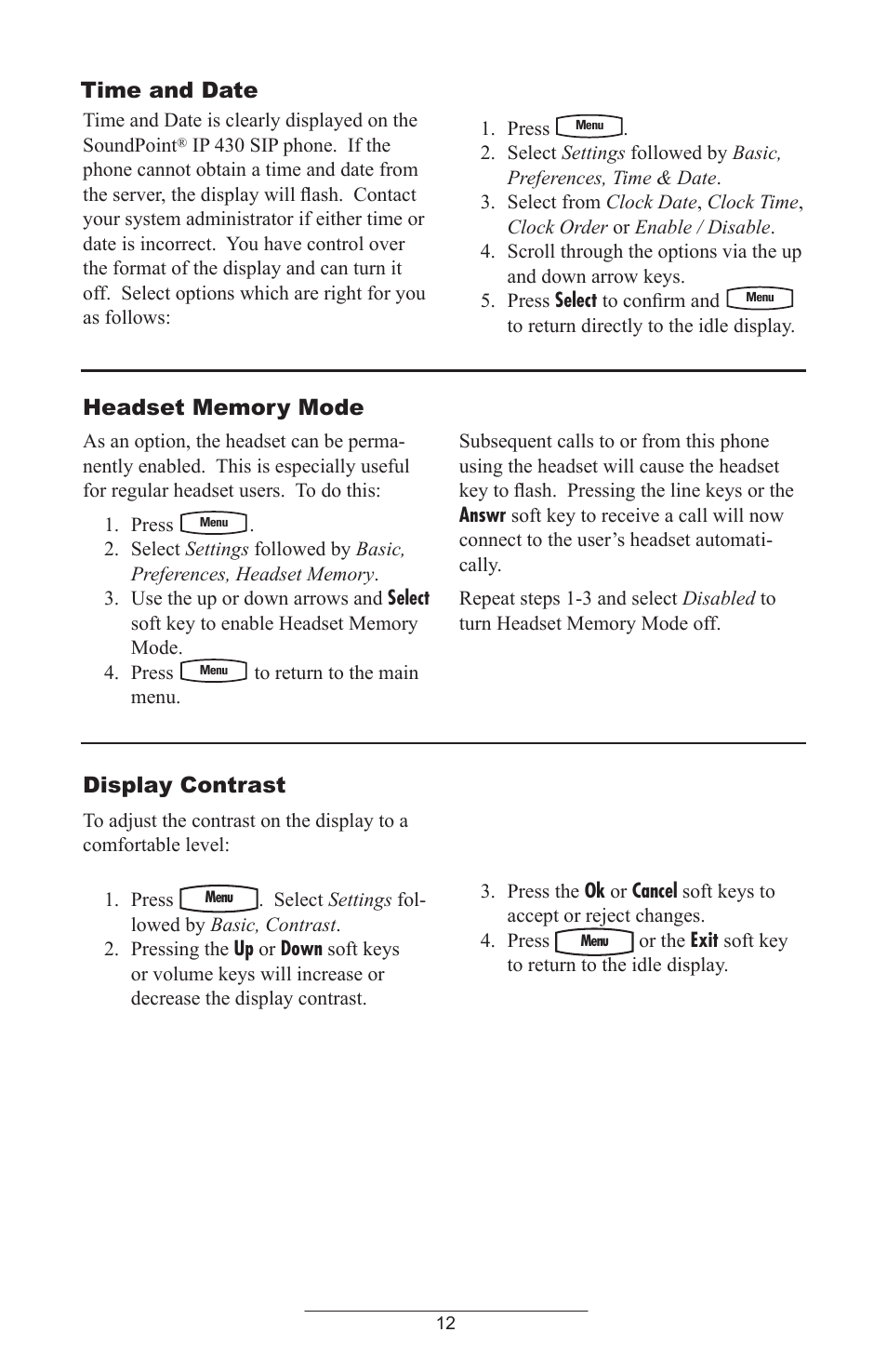 Time and date, Display contrast | Polycom IP 430 User Manual | Page 15 / 31