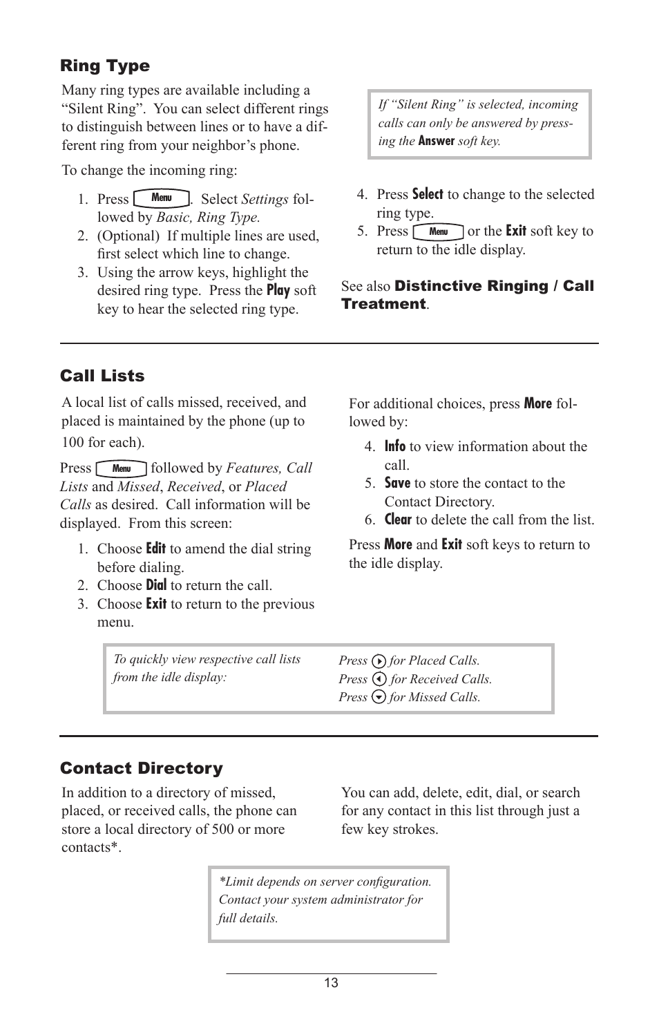 Ring type, Call lists, Contact directory | Polycom IP 430 User Manual | Page 16 / 31