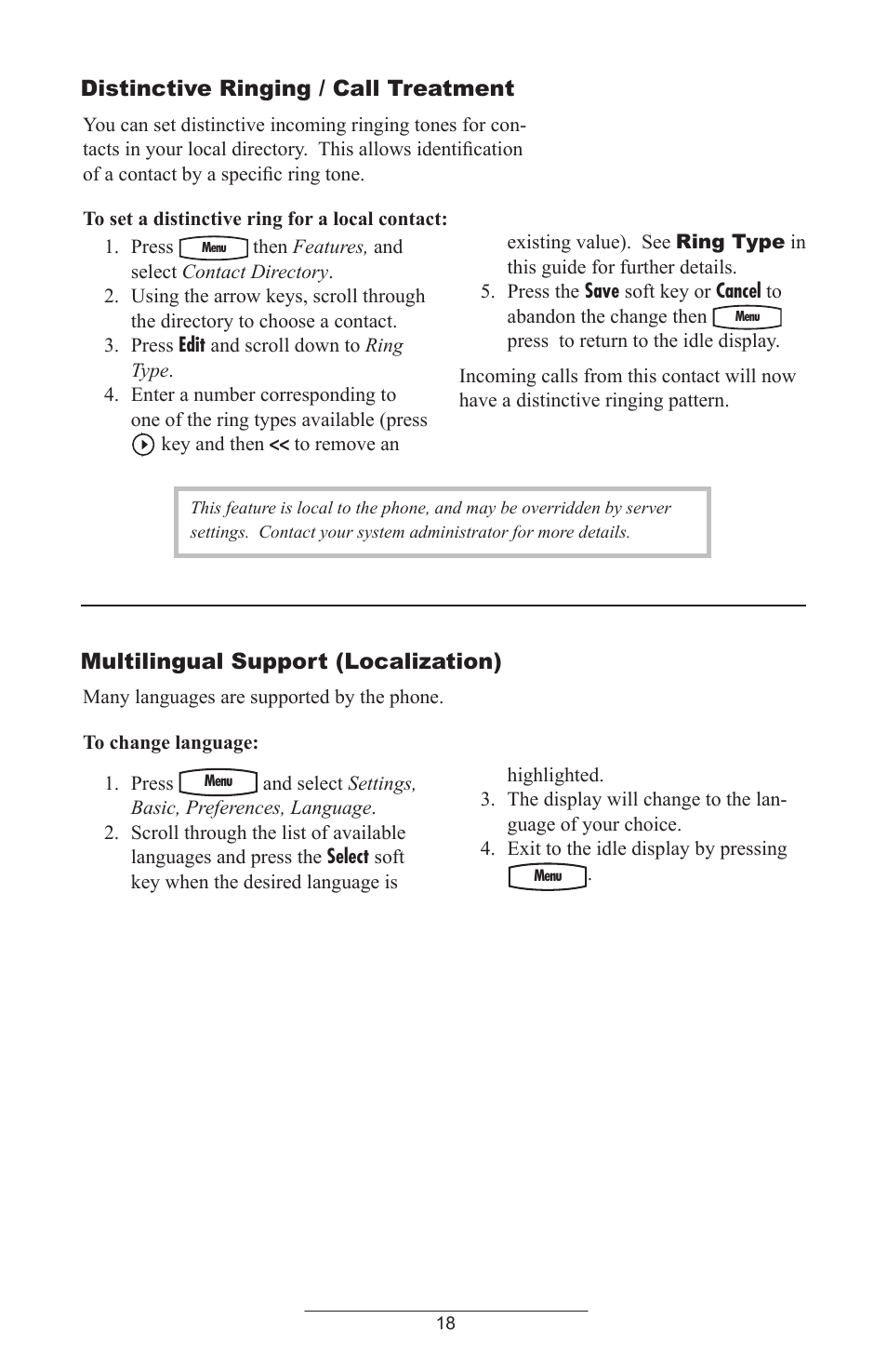 Distinctive ringing / call treatment, Multilingual support (localization) | Polycom IP 430 User Manual | Page 21 / 31