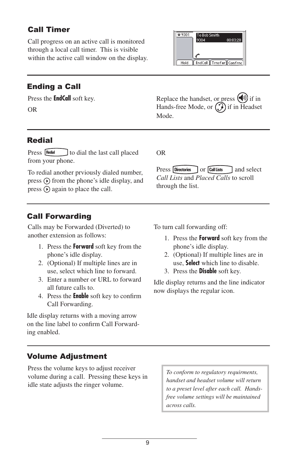 Call timer, Ending a call, Redial | Call forwarding, Volume adjustment, Call forwarding call timer | Polycom IP 500/501 User Manual | Page 12 / 28