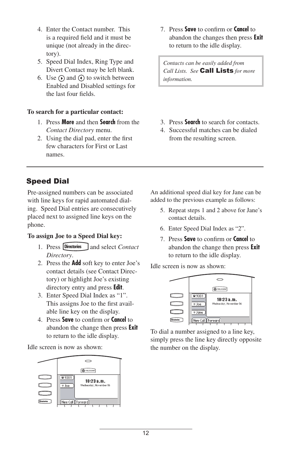Speed dial, Call lists | Polycom IP 500/501 User Manual | Page 15 / 28