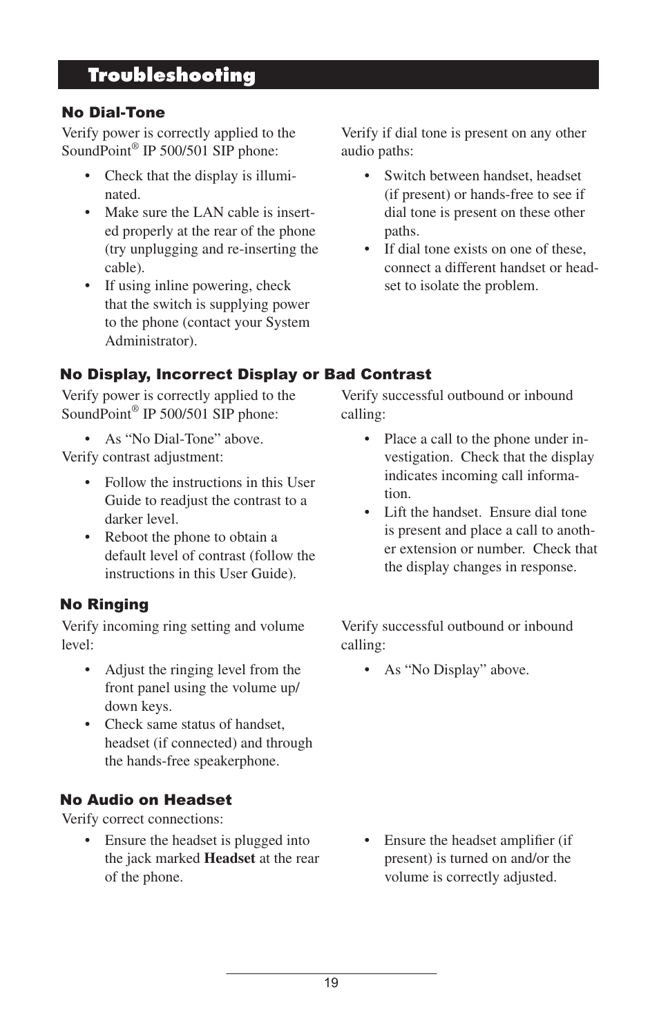 Roubleshooting, Safety and complianc, Troubleshooting | Polycom IP 500/501 User Manual | Page 22 / 28