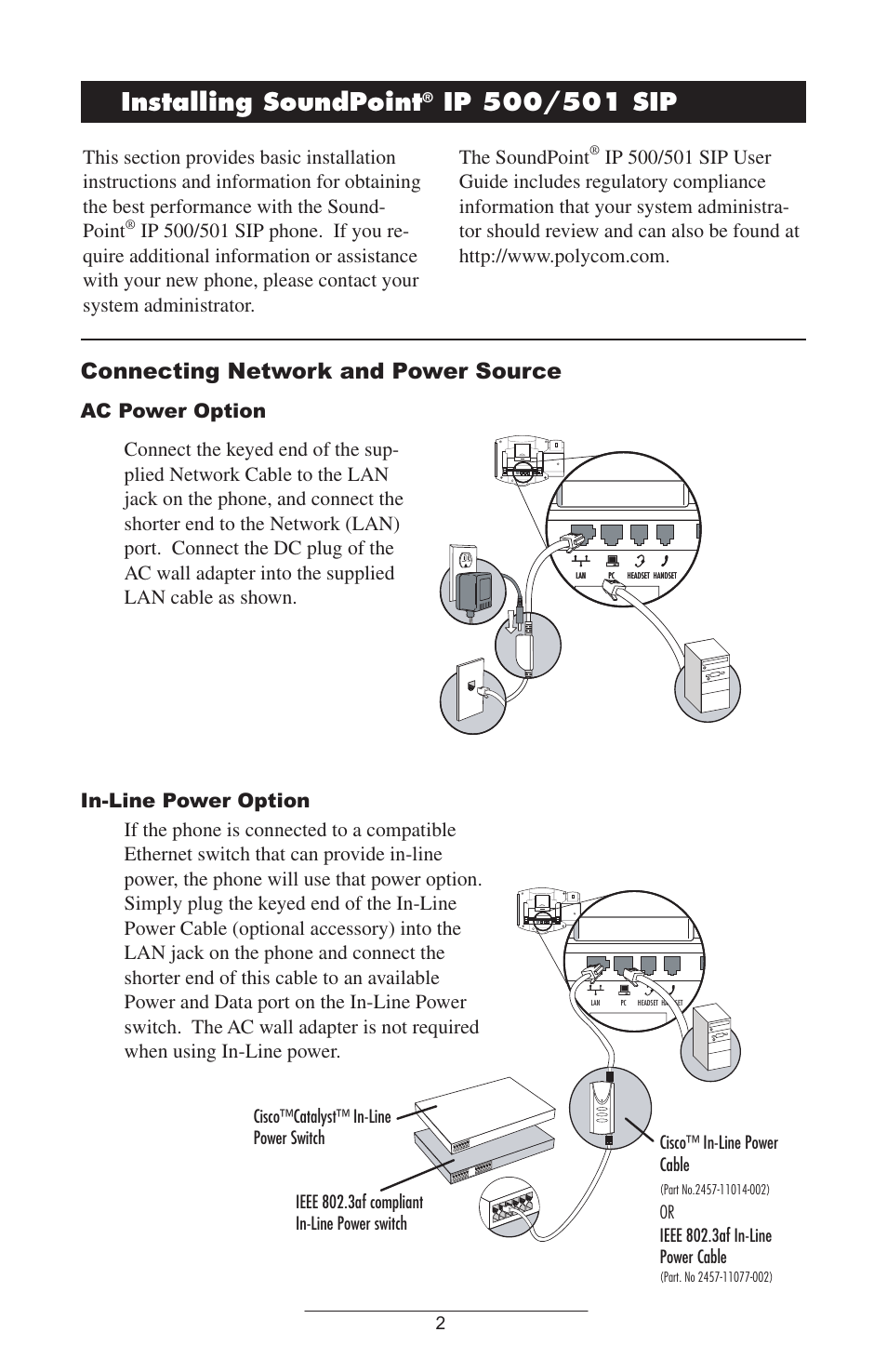 Installing soundpoint, Ip 500/501 sip, Connecting network and power source | Ac power option, In-line power option | Polycom IP 500/501 User Manual | Page 5 / 28