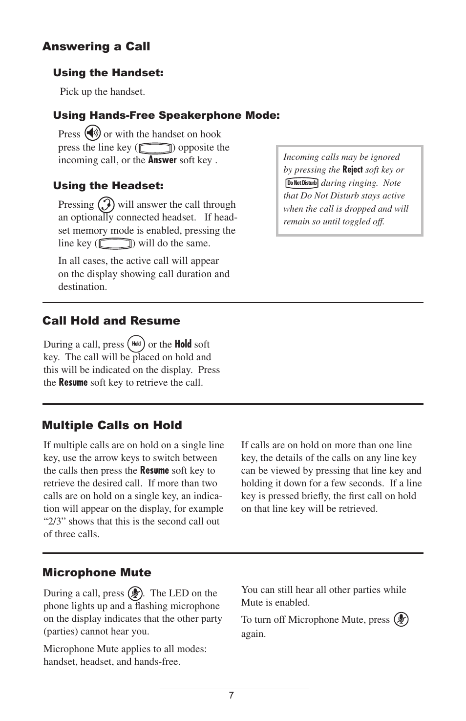 Answering a call, Call hold and resume, Multiple calls on hold | Microphone mute | Polycom 501SIP User Manual | Page 10 / 28