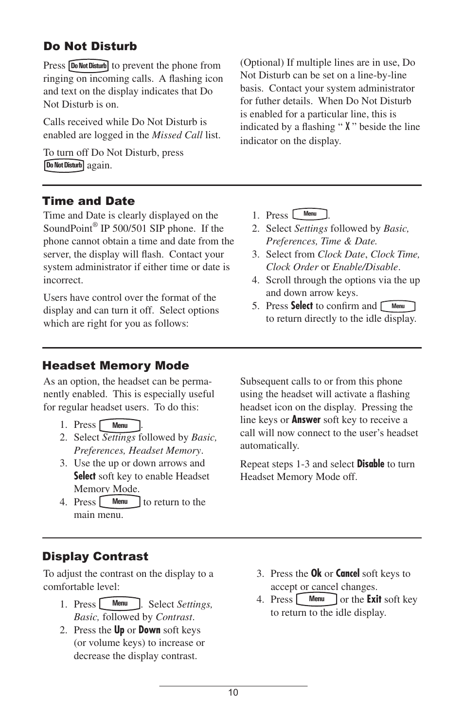 Do not disturb, Time and date, Headset memory mode | Display contrast | Polycom 501SIP User Manual | Page 13 / 28