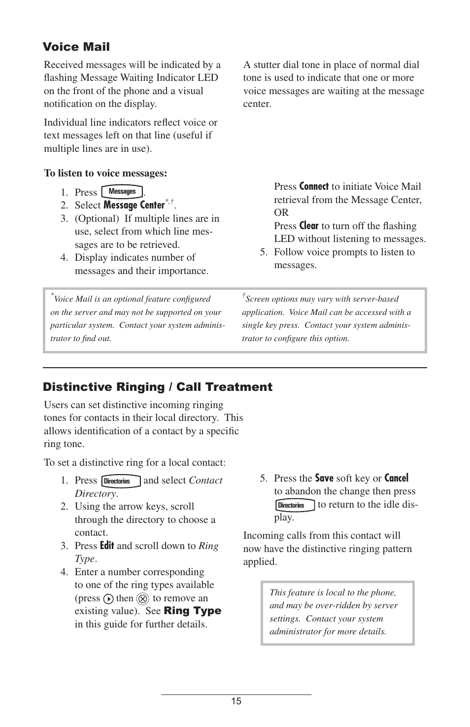 Voicemail, Distinctive ringing / call treatment, Voice mail | Polycom 501SIP User Manual | Page 18 / 28