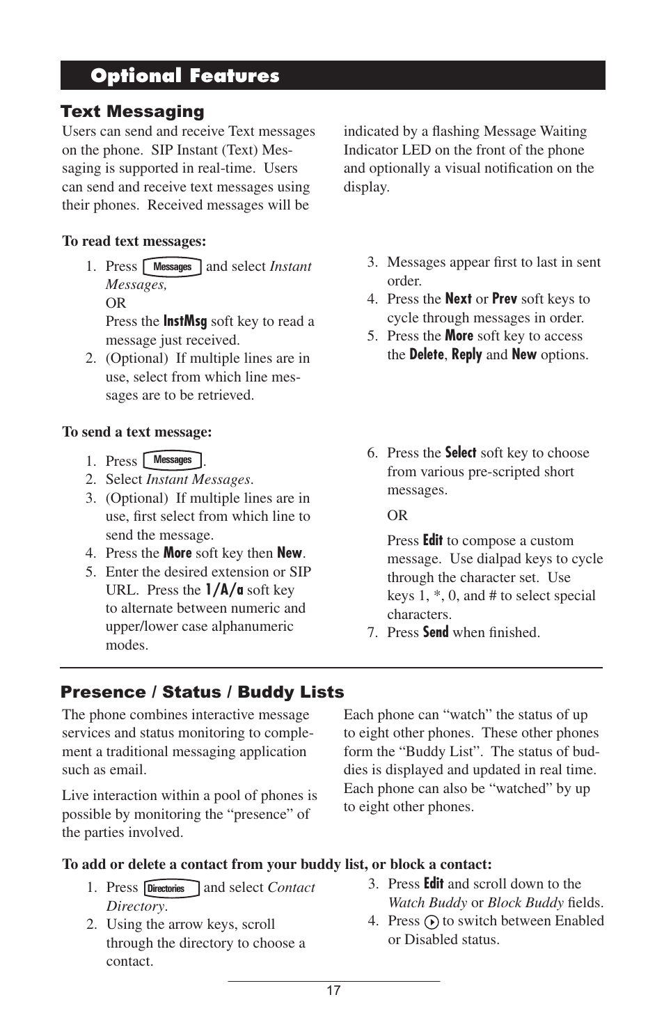 Optional features, Text messaging, Presence / status / buddy lists | Polycom 501SIP User Manual | Page 20 / 28