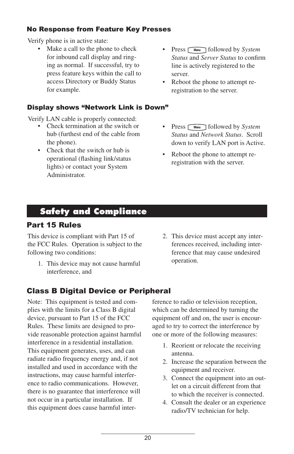 Part 15 rules, Class b digital device or peripheral, Safety and compliance | Polycom 501SIP User Manual | Page 23 / 28