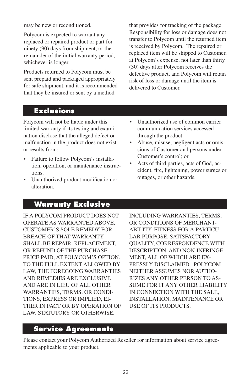 Exclusions, Warranty exclusive, Service agreements | Exclusions warranty exclusive | Polycom 501SIP User Manual | Page 25 / 28
