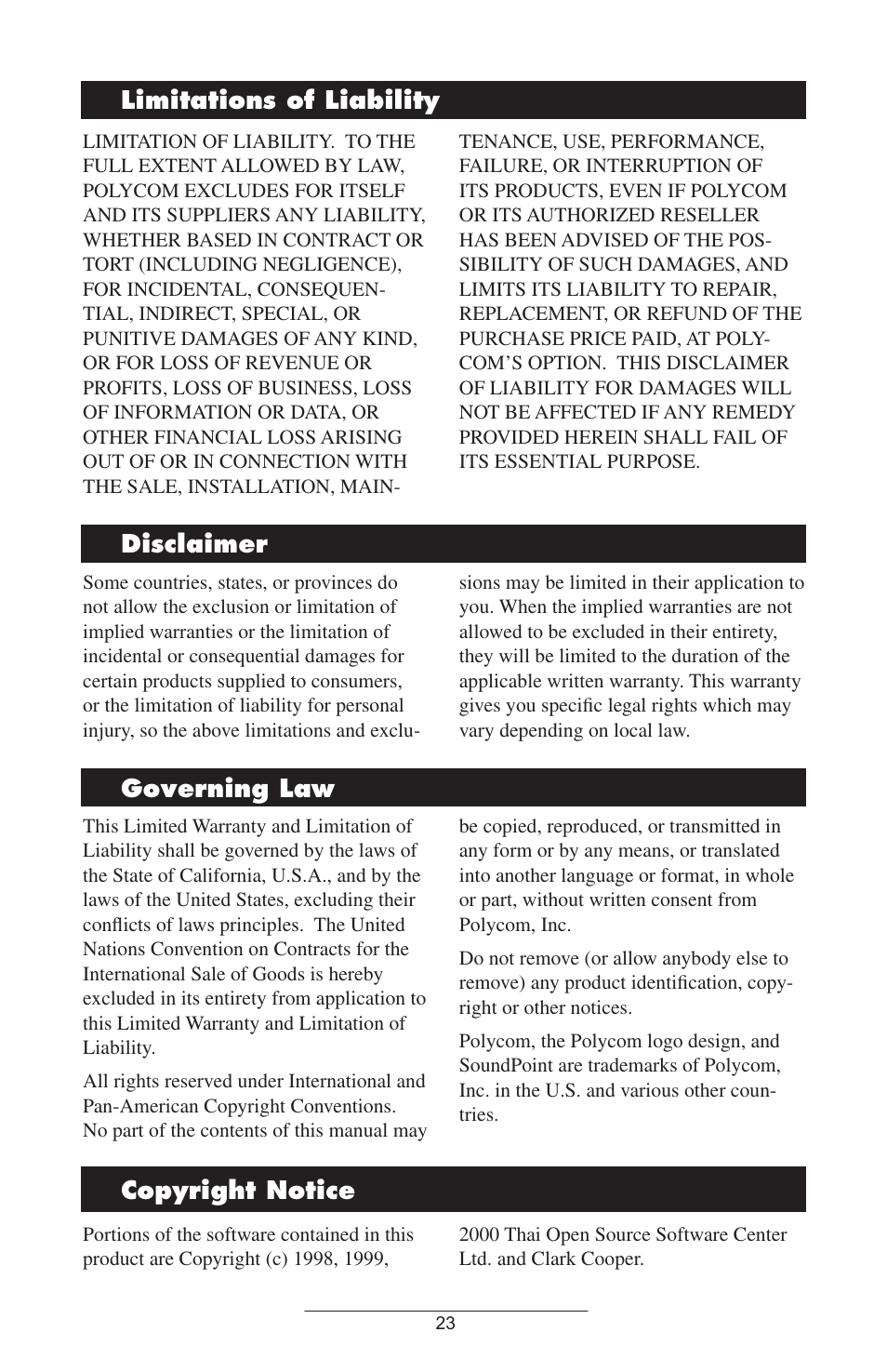 Limitations of liability, Disclaimer, Governing law | Copyright notice, Disclaimer governing law copyright notice | Polycom 501SIP User Manual | Page 26 / 28