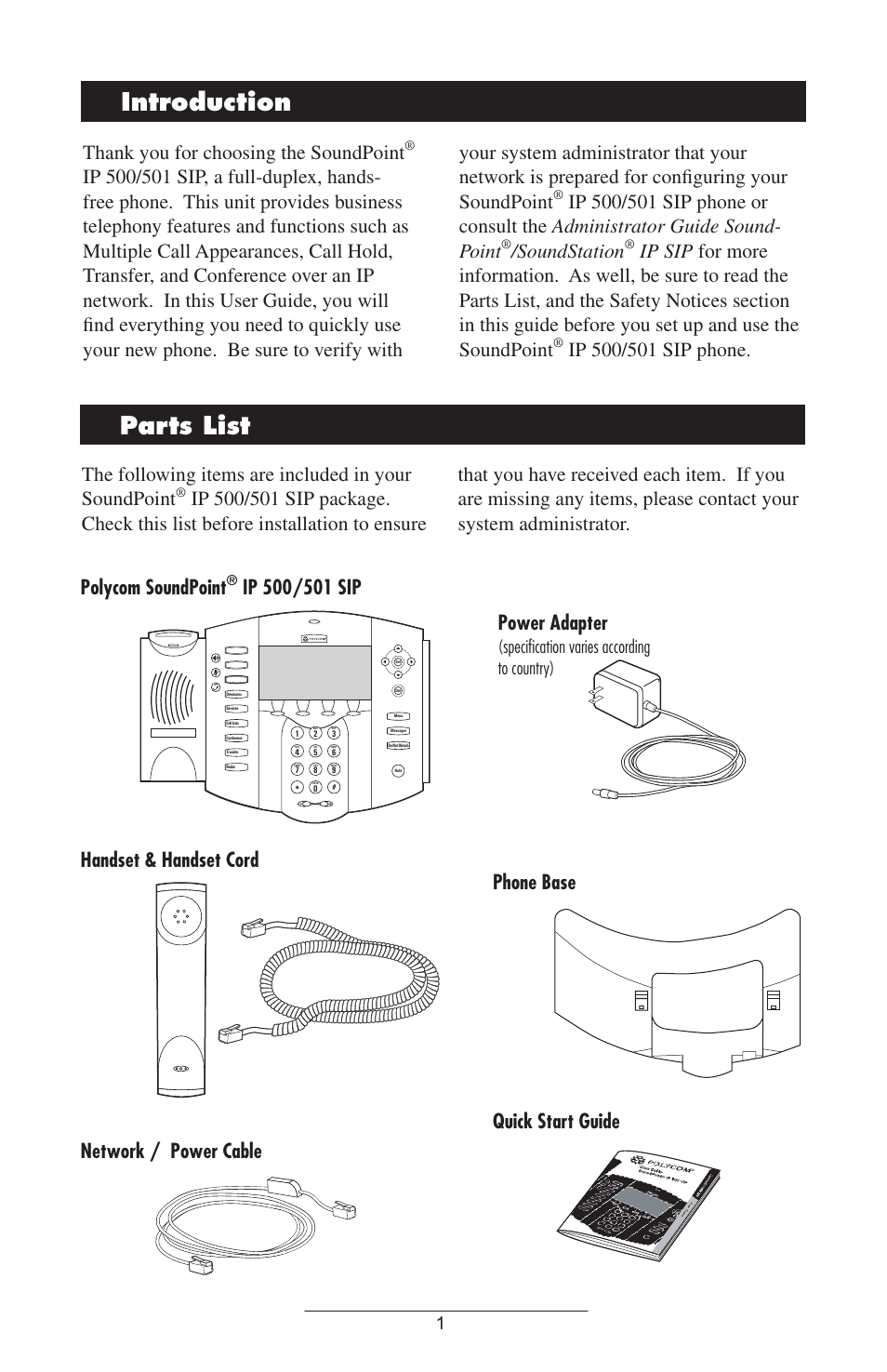 Introduction, Parts list, Introduction parts list | Soundstation, Phone base quick start guide, Speciﬁcation varies according to country) | Polycom 501SIP User Manual | Page 4 / 28