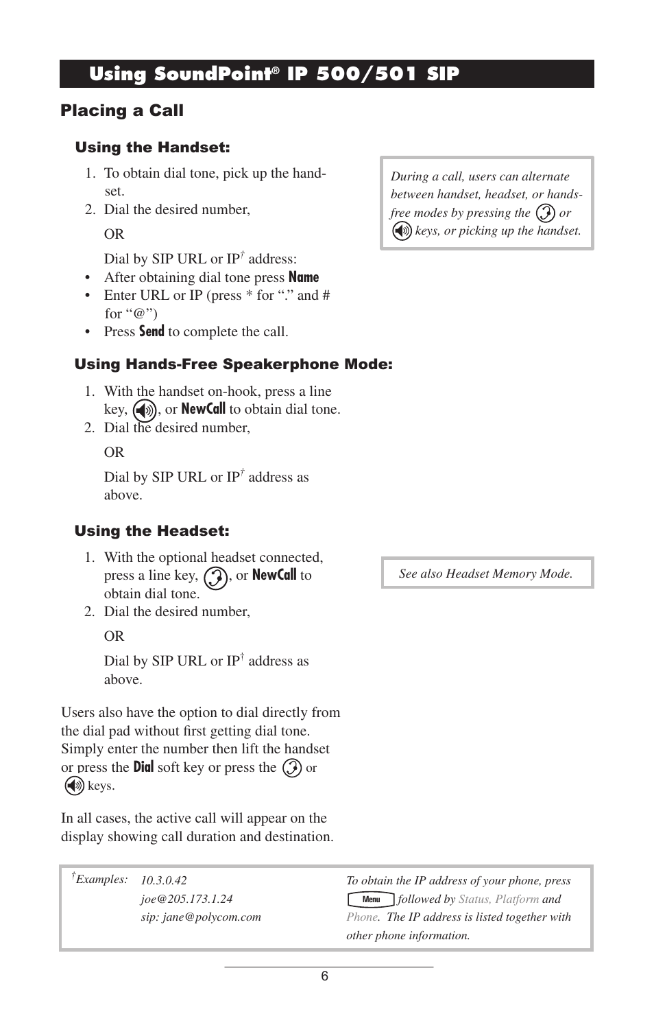 Using soundpoint, Ip 500/501 sip, Placing a call | Polycom 501SIP User Manual | Page 9 / 28