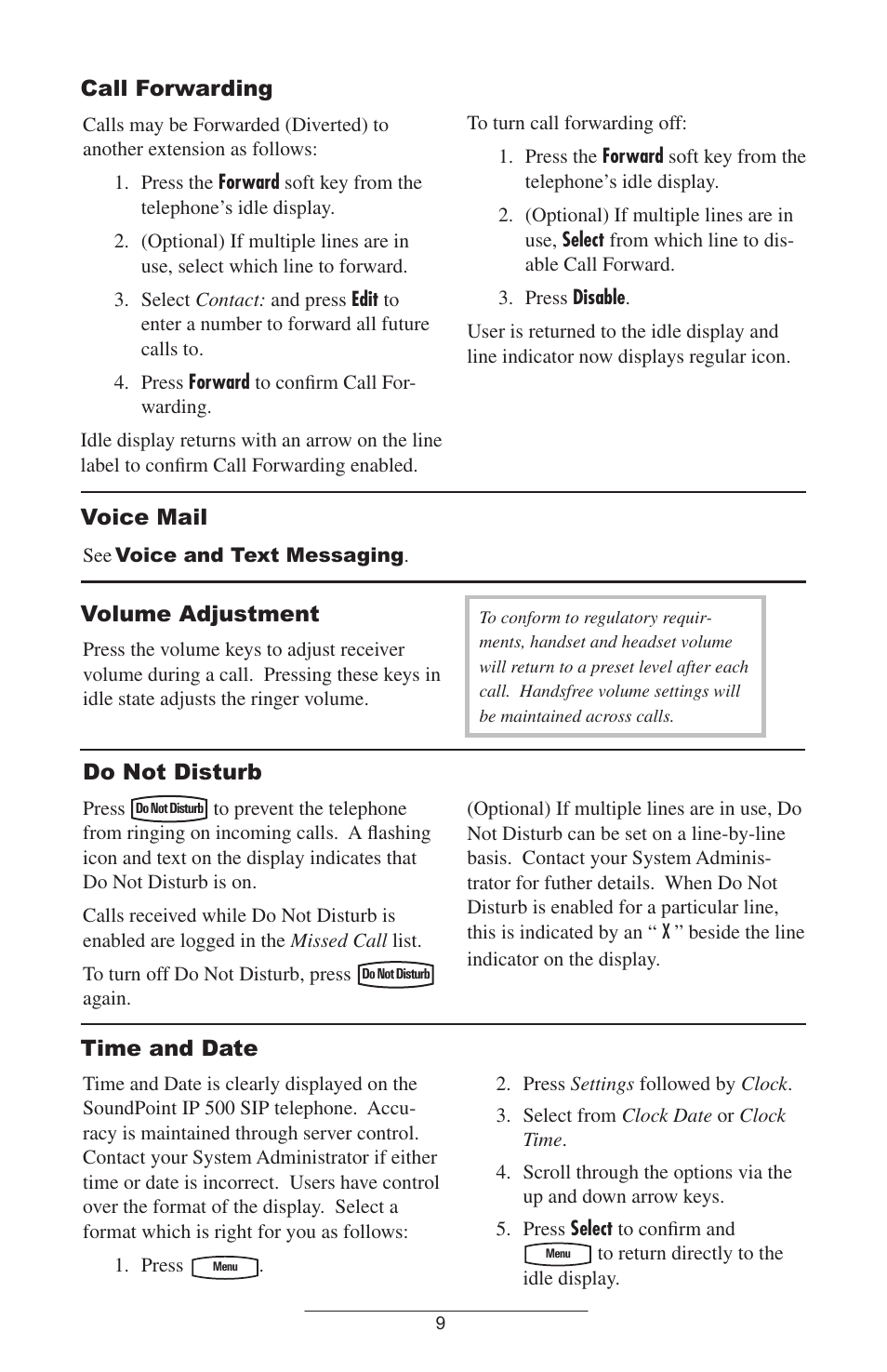 Call forwarding, Voice mail, Volume adjustment | Do not disturb, Time and date | Polycom IP 500 User Manual | Page 12 / 25