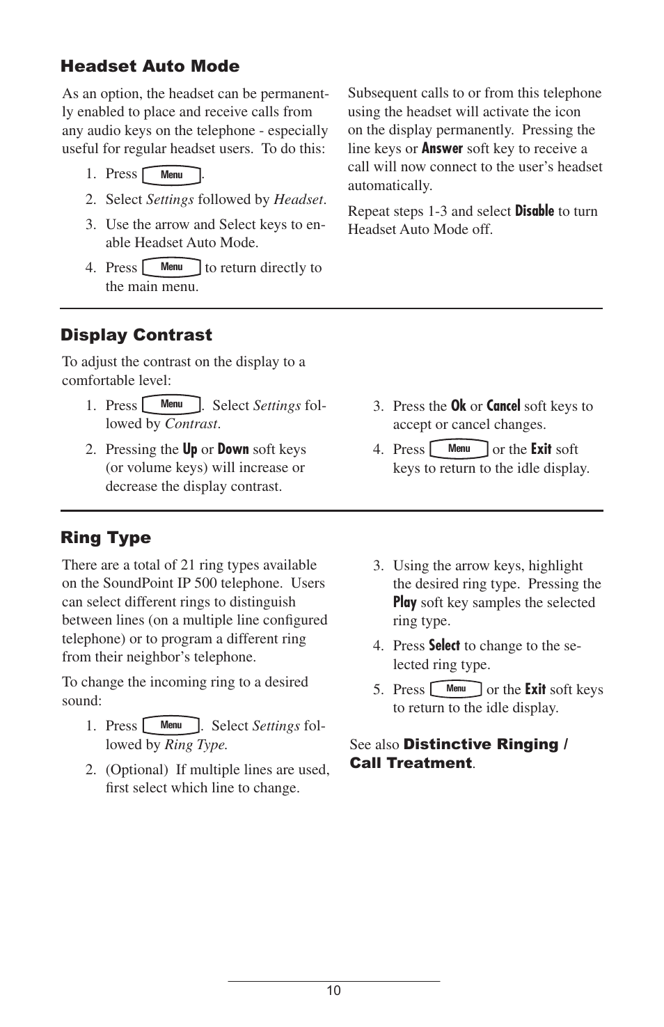 Headset auto mode, Display contrast, Ring type | Polycom IP 500 User Manual | Page 13 / 25