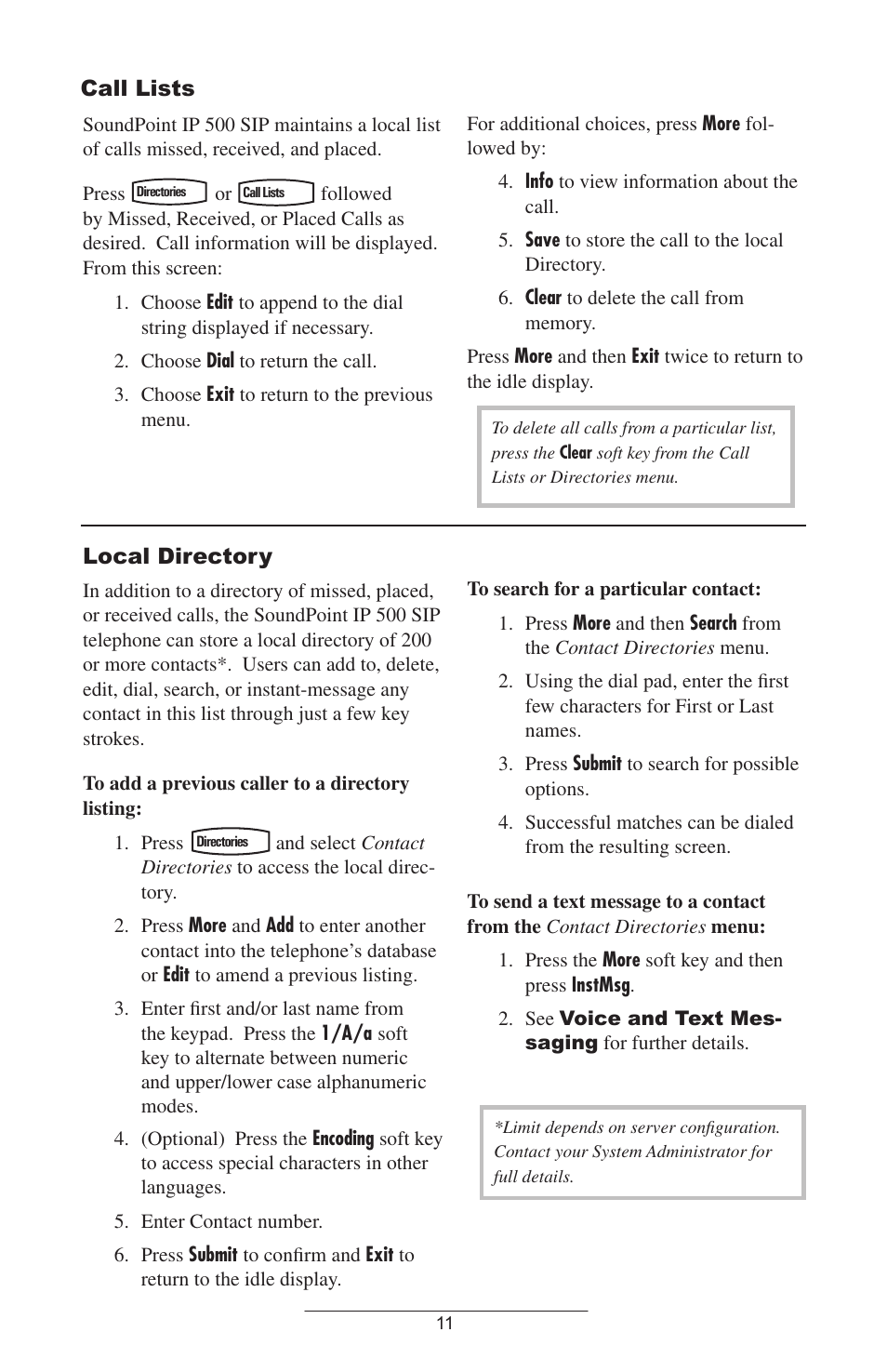 Call lists, Local directory | Polycom IP 500 User Manual | Page 14 / 25